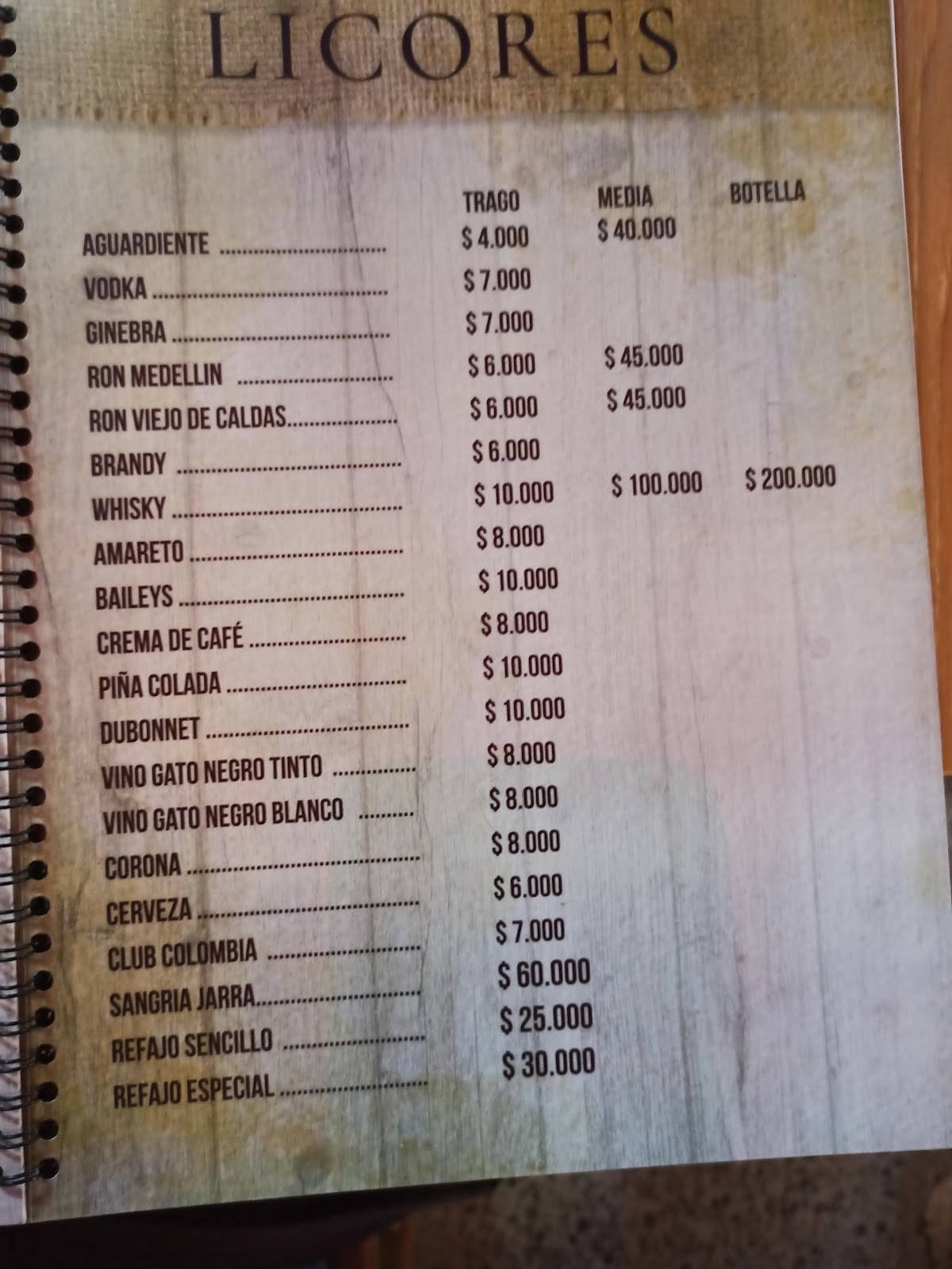 Restaurante El Manantial меню
