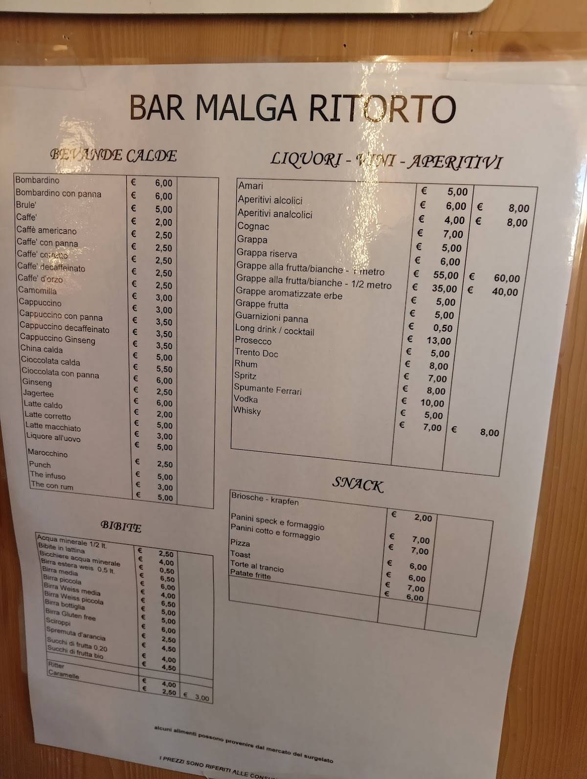 Rifugio Malga Ritorto меню