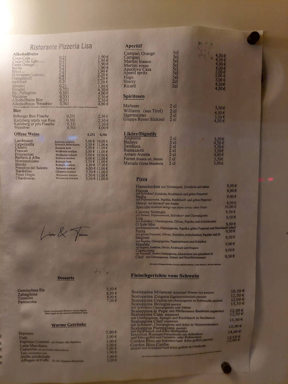 Ristorante Pizzeria Lisa меню
