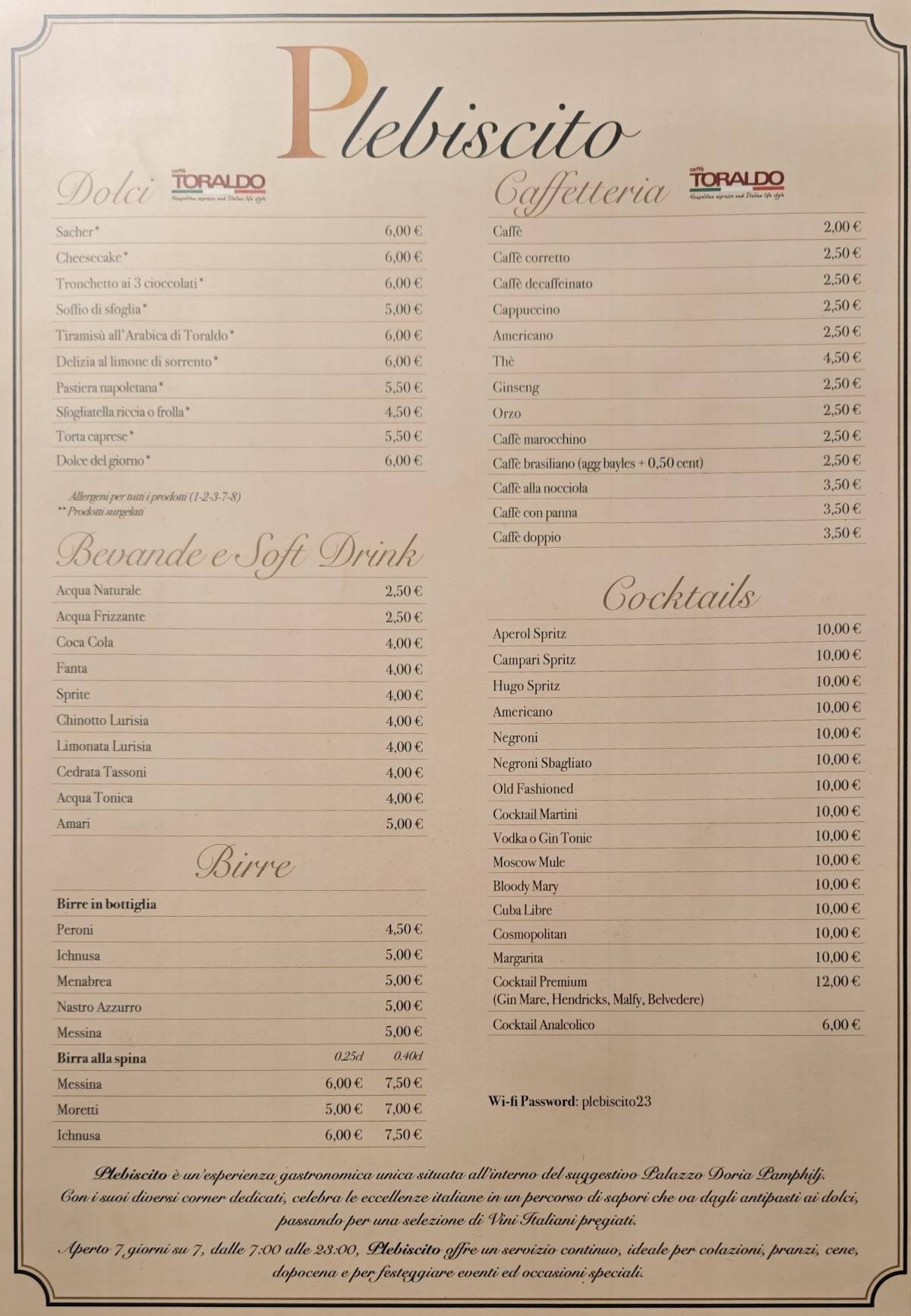 Ristorante Plebiscito меню