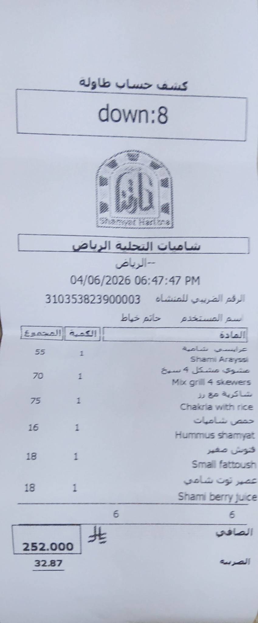 شاميات حارتنا меню