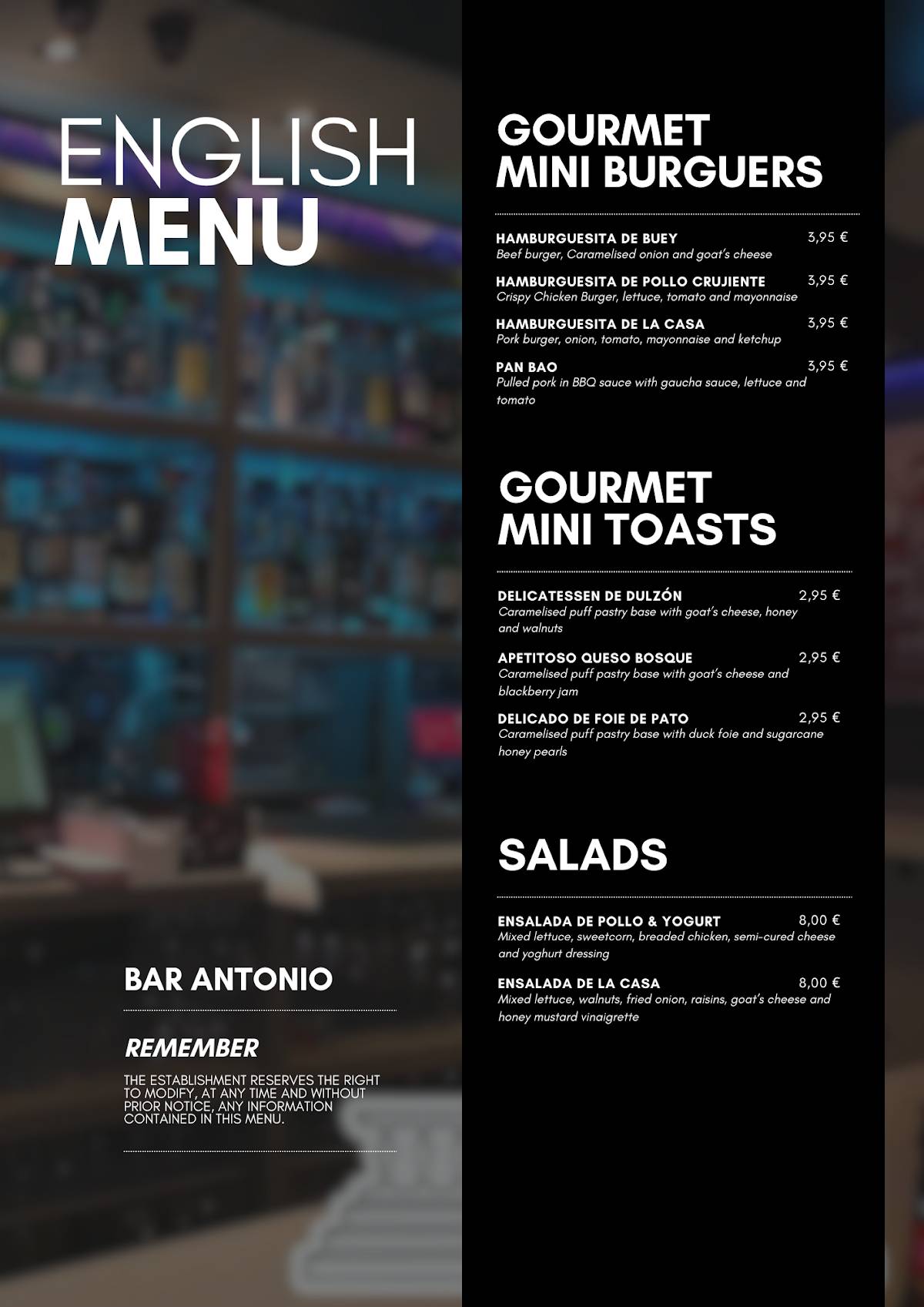 Bar Antonio меню