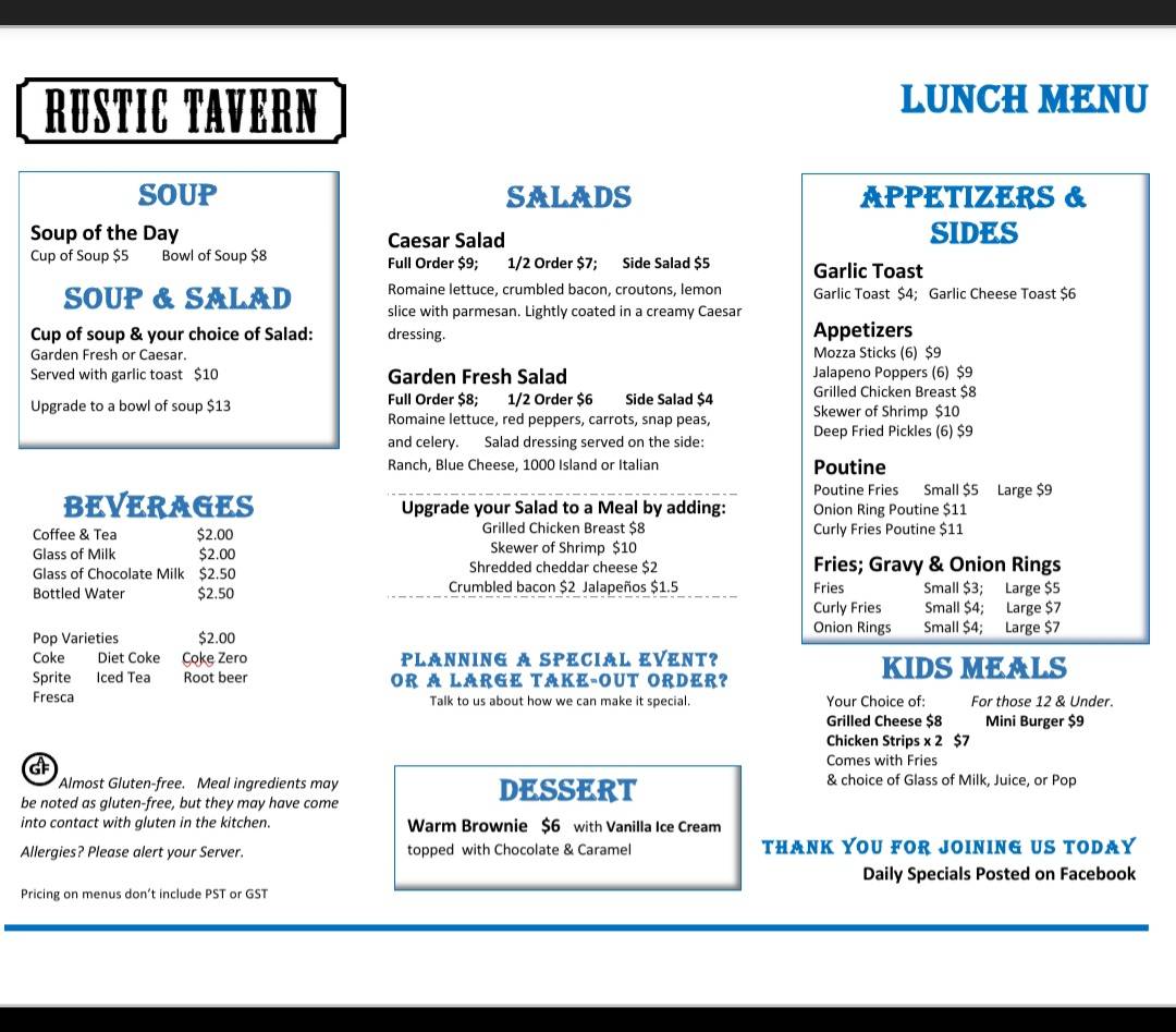 Rustic Tavern меню