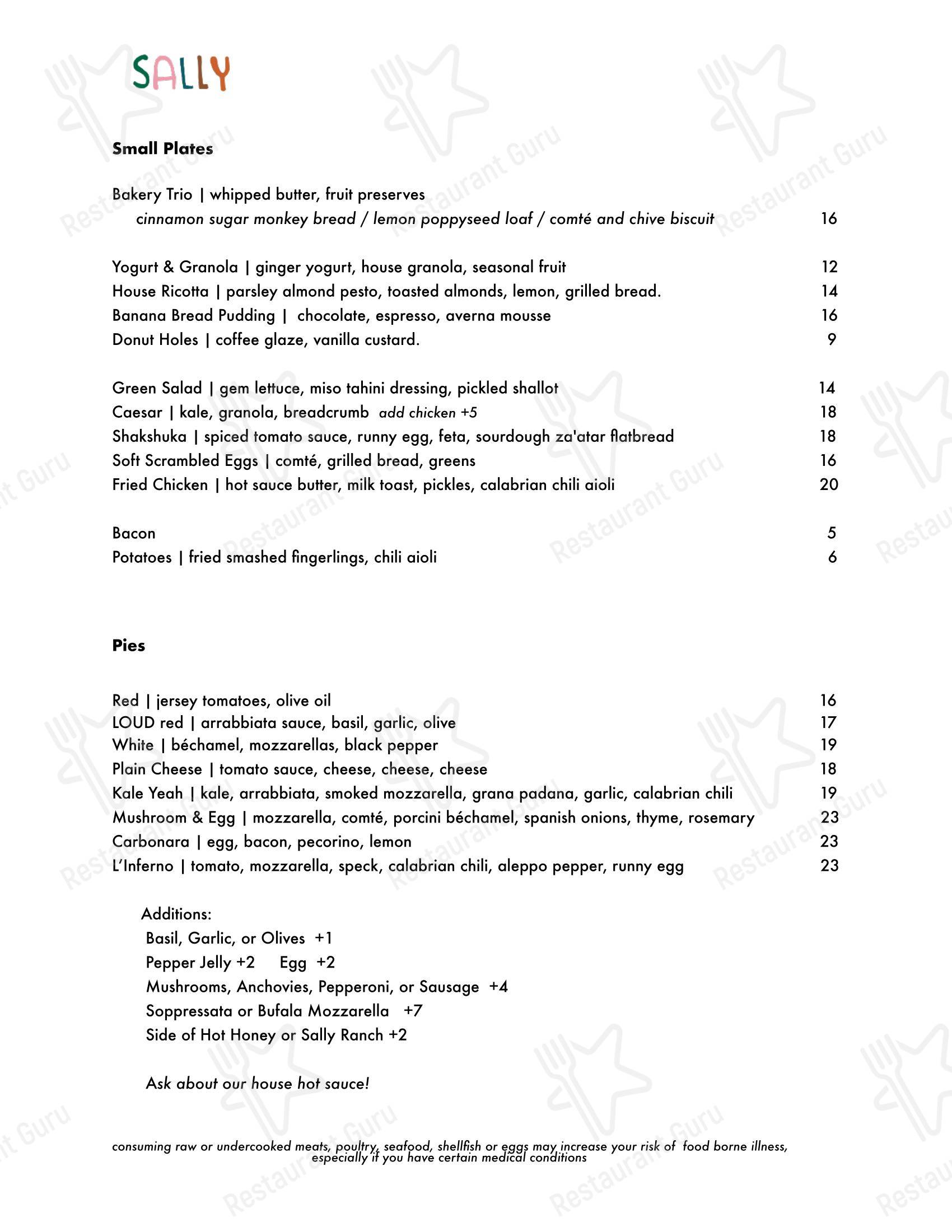 Takeaway Menu паба и бара Sally в Филадельфии
