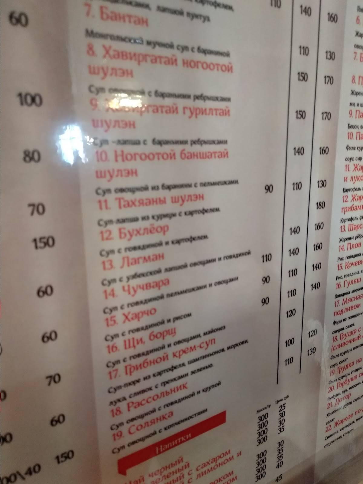 Шулэндо меню