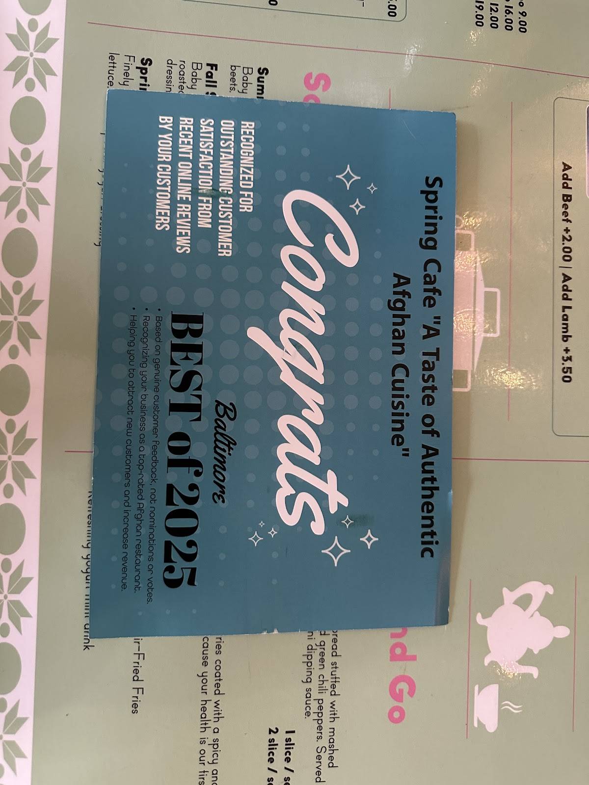Spring Cafe "A Taste of Authentic Afghan Cuisine" меню