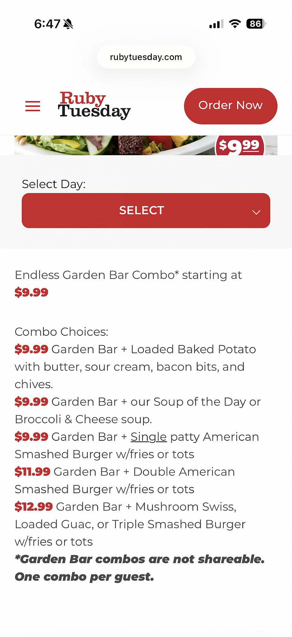 Ruby Tuesday меню