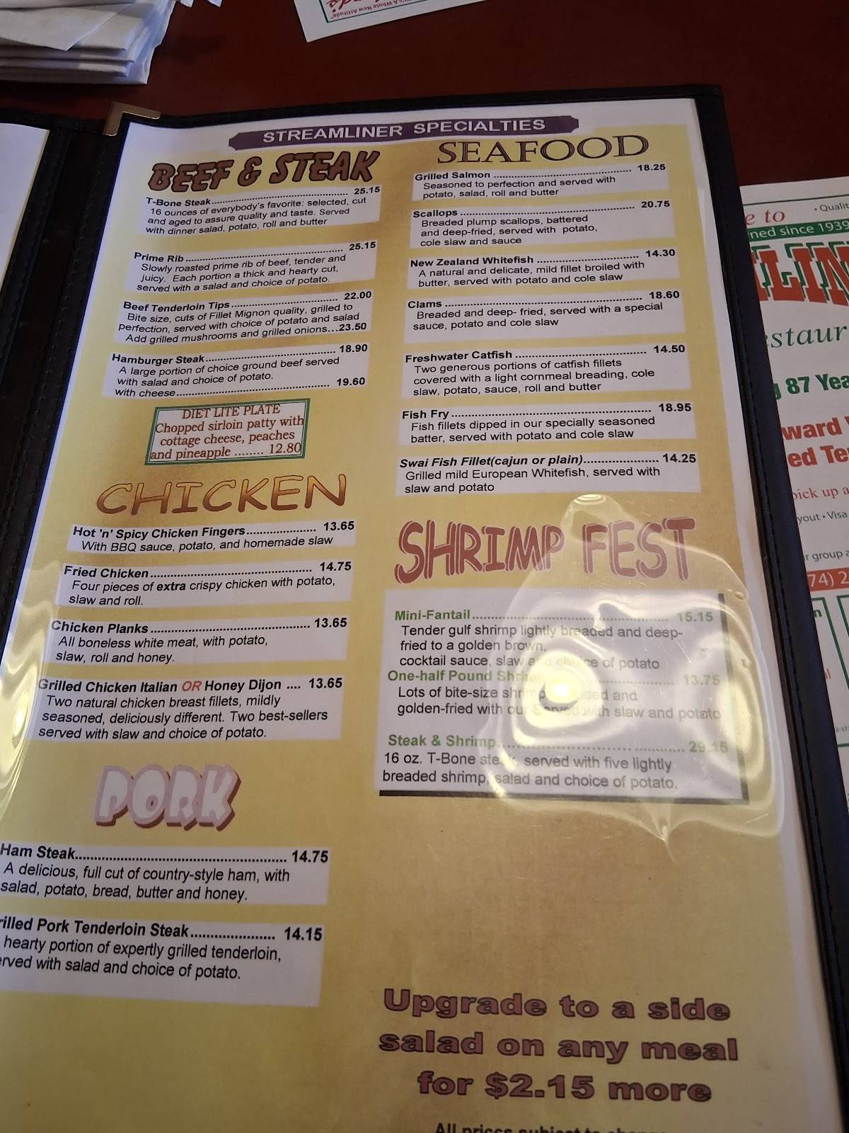 Streamliner Family Restaurant меню