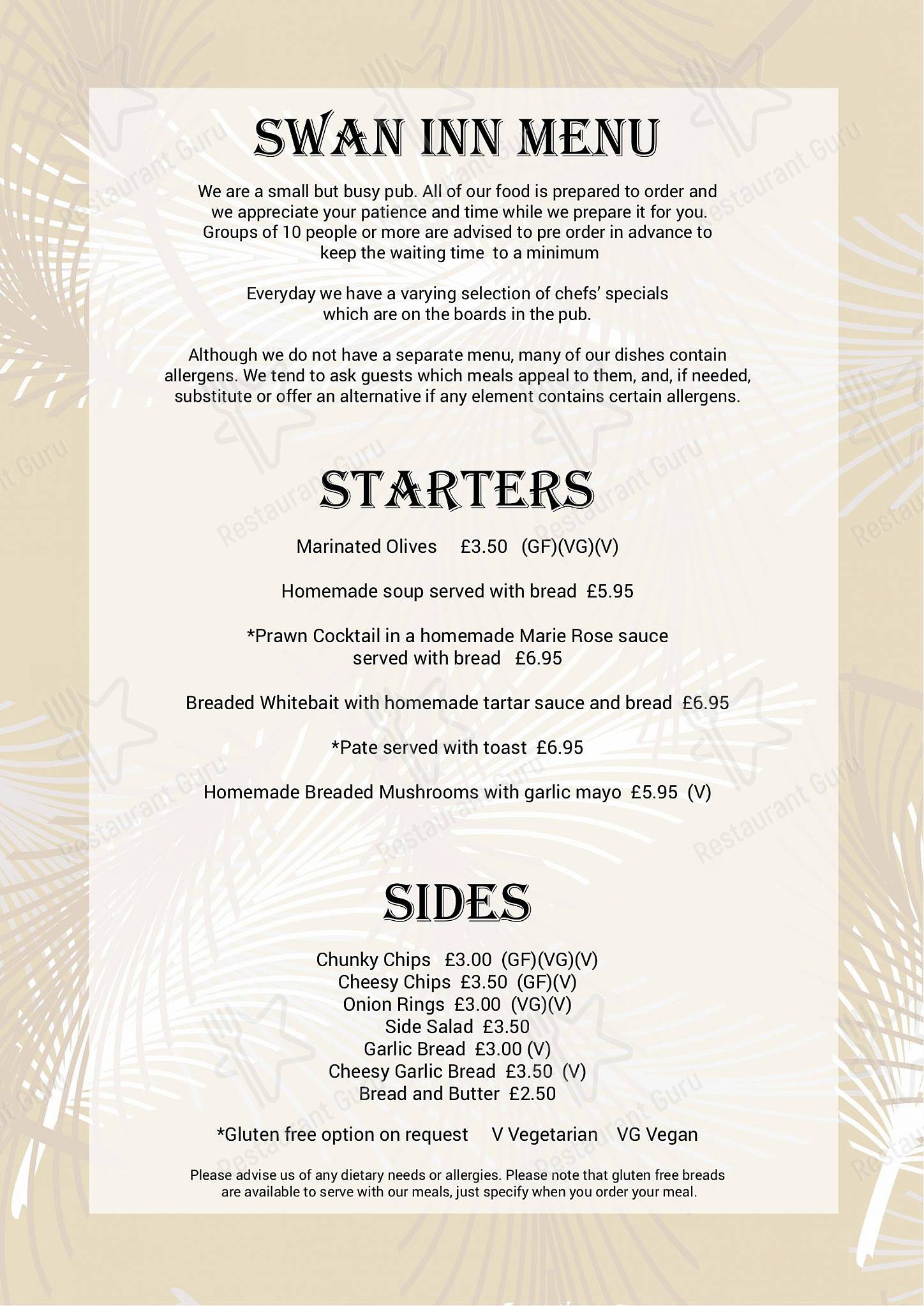 Main menu паба и бара The Swan Inn
