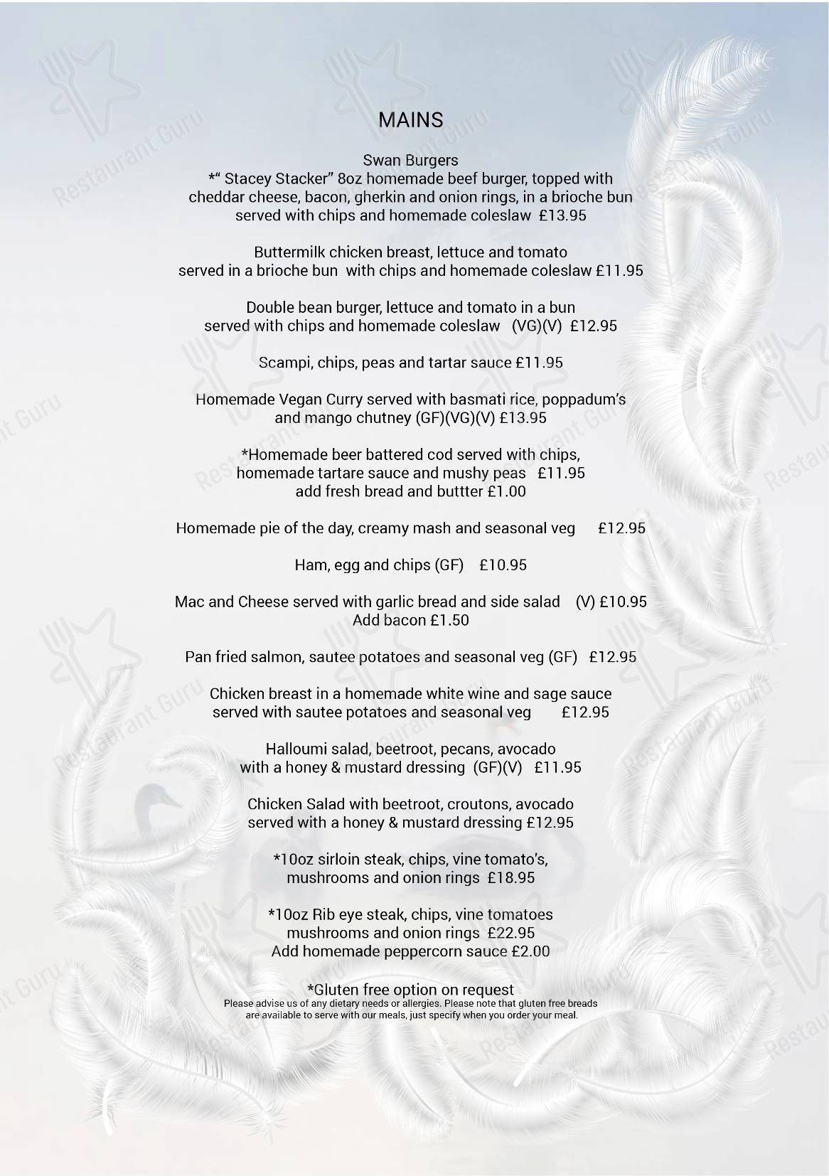 Main menu паба и бара The Swan Inn