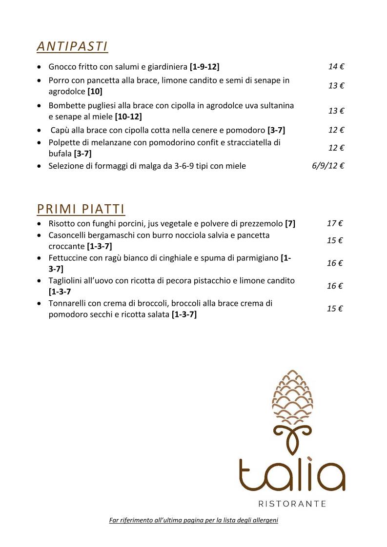 Talìa Ristorante меню