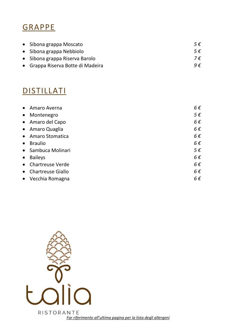 Talìa Ristorante меню