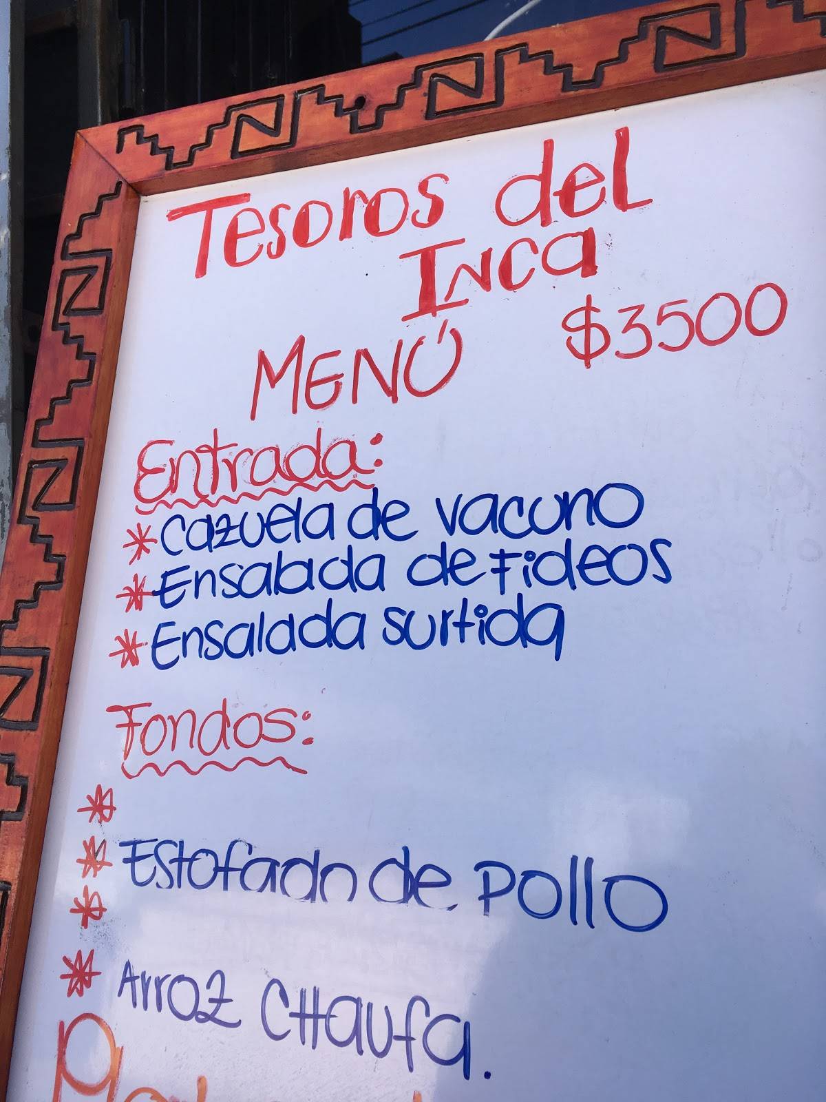 Tesoros del Inca меню