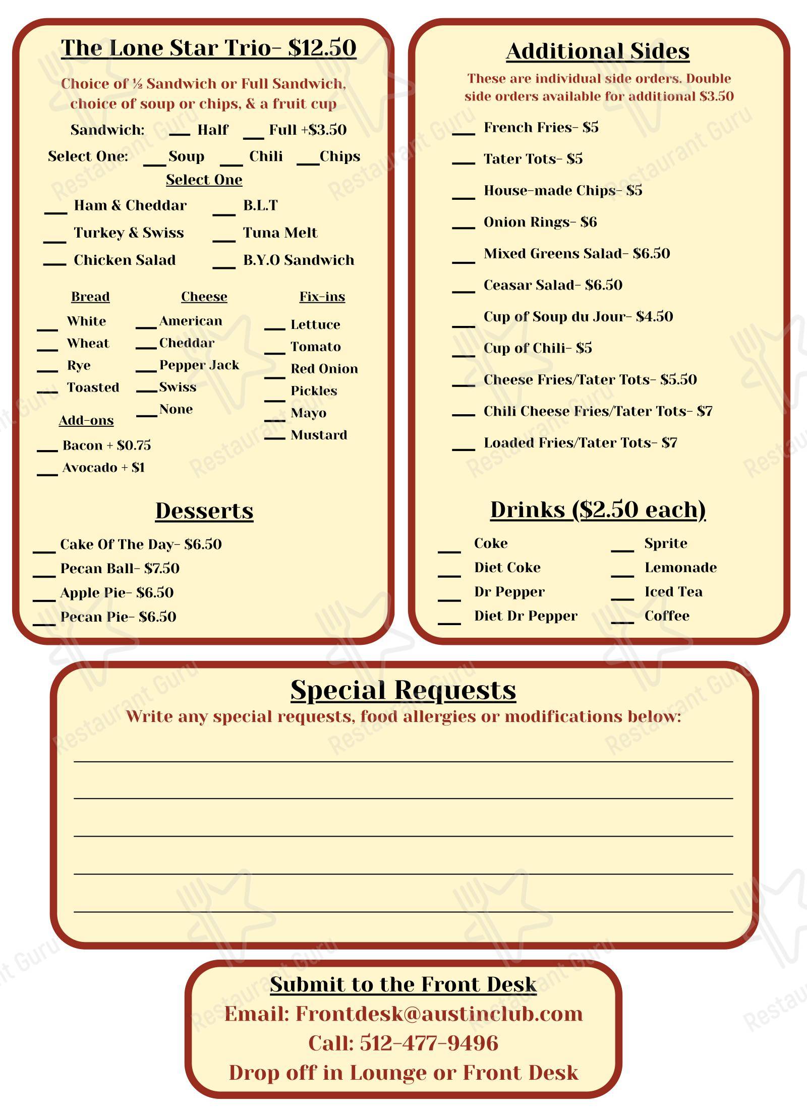 Меню клуба The Austin Club - Lunch Menu