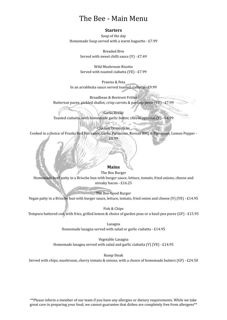 The Bee Pub, Windlesham меню