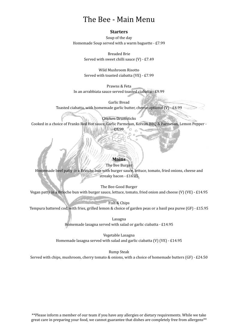 The Bee Pub, Windlesham меню
