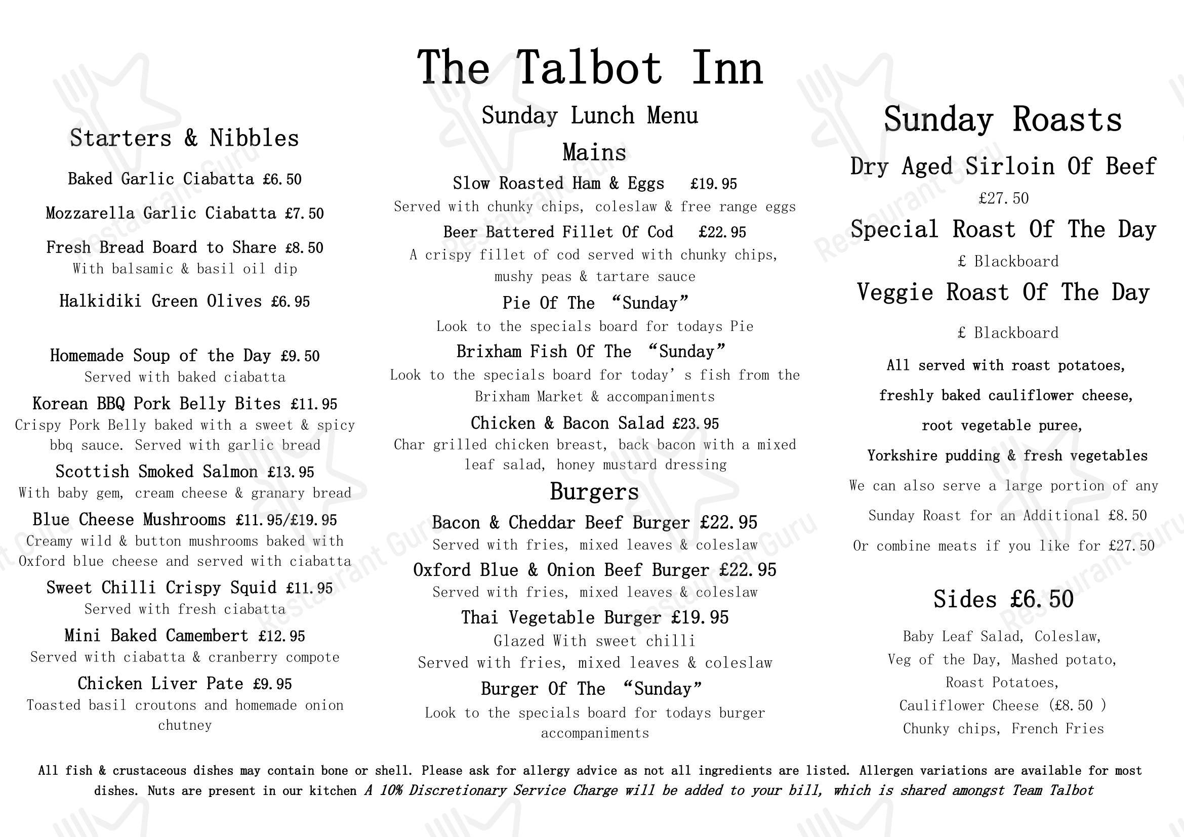 Основное меню паба и бара The Talbot Inn