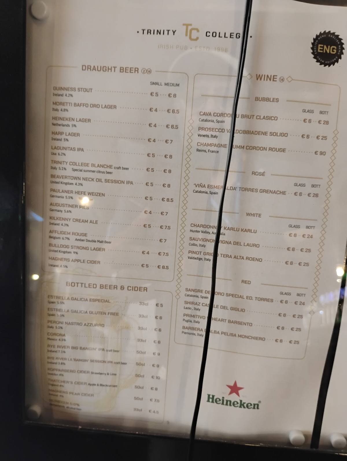 Trinity College Pub меню