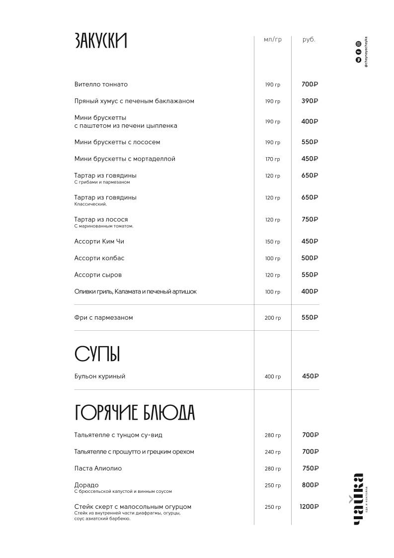 Чайка меню
