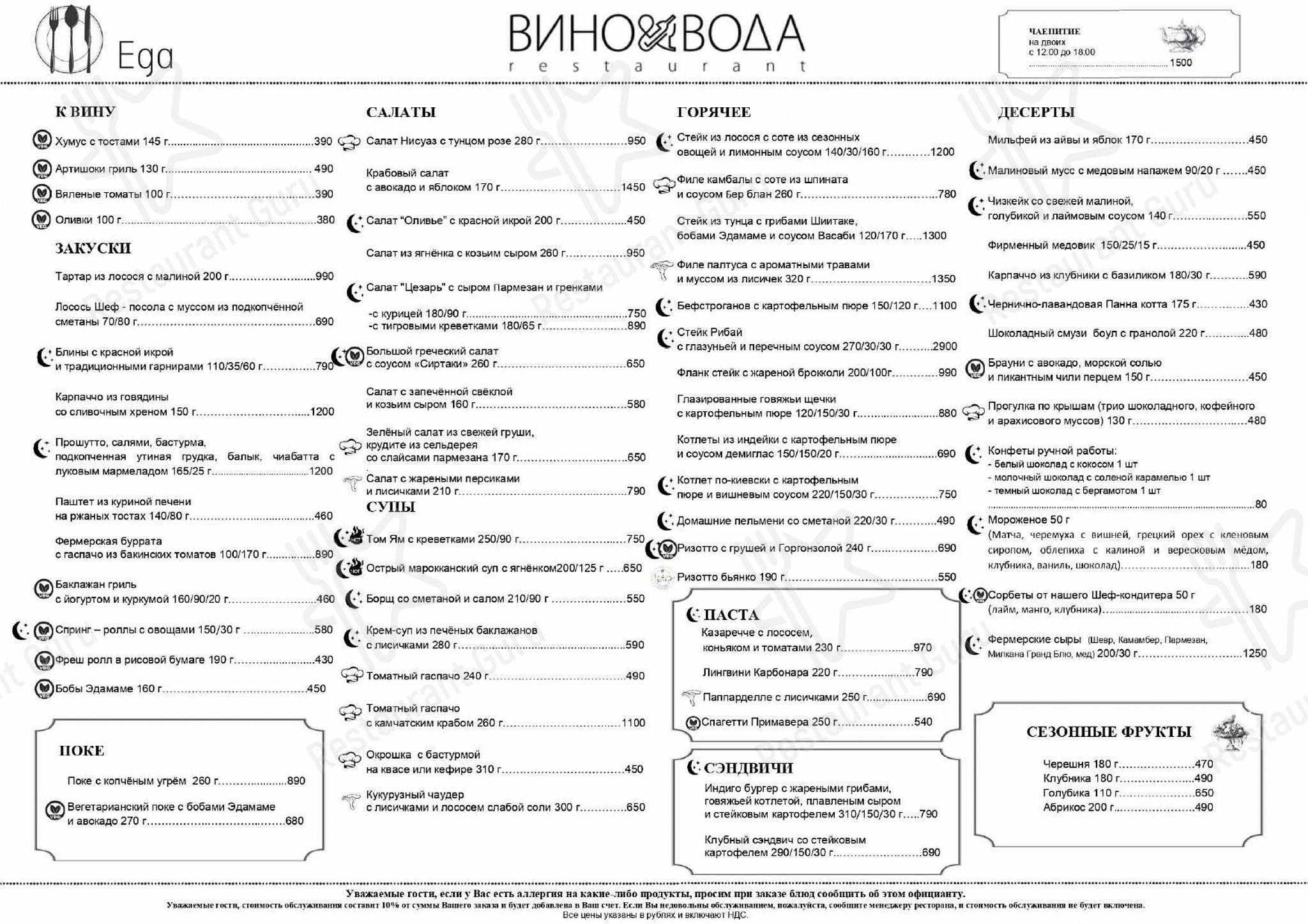 Меню ресторана ВИНО&ВОДА - Bar Grill Menu