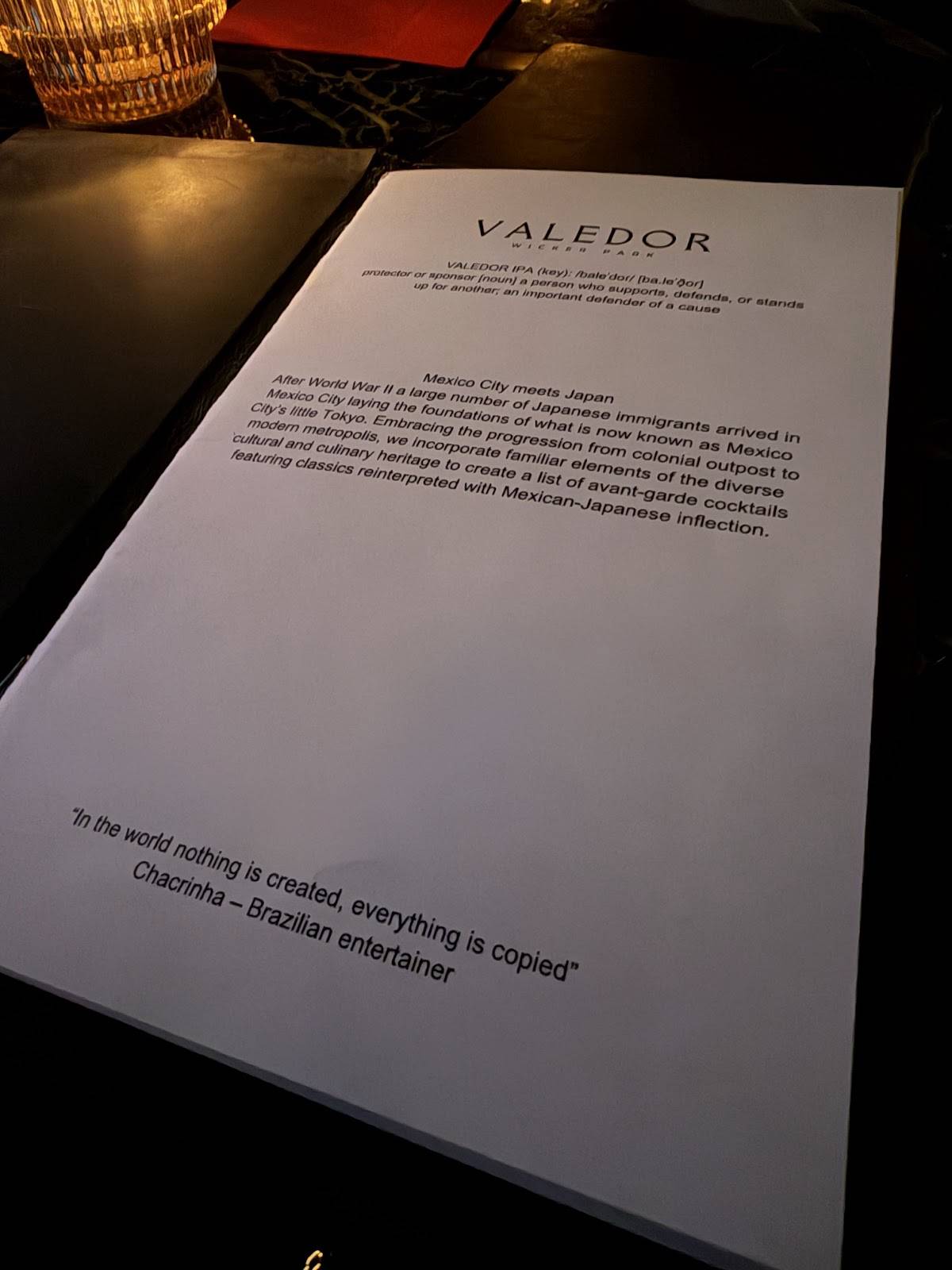 Valedor меню