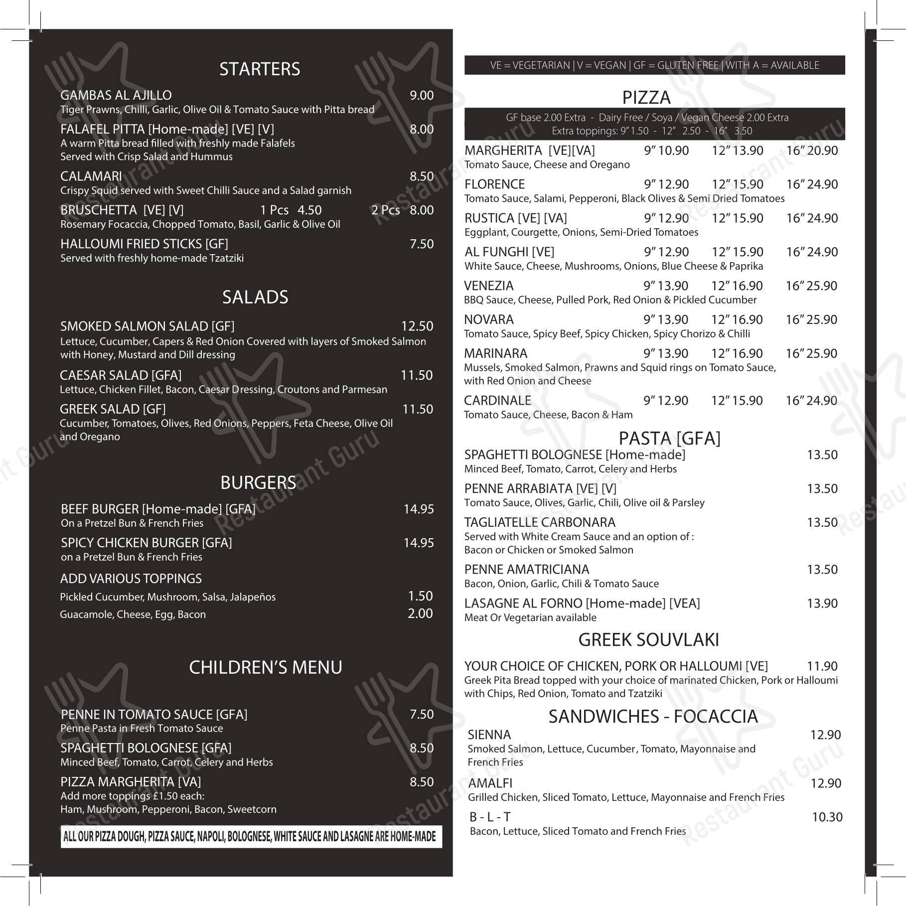Venezia Exeter в Эксетере - Меню