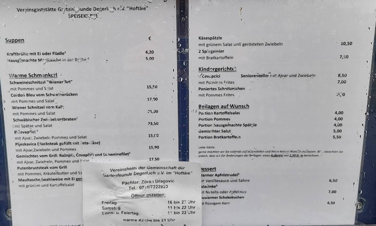 Vereinsgaststätte "Hoftäle" der Gartenfreunde Degerloch e.V. меню
