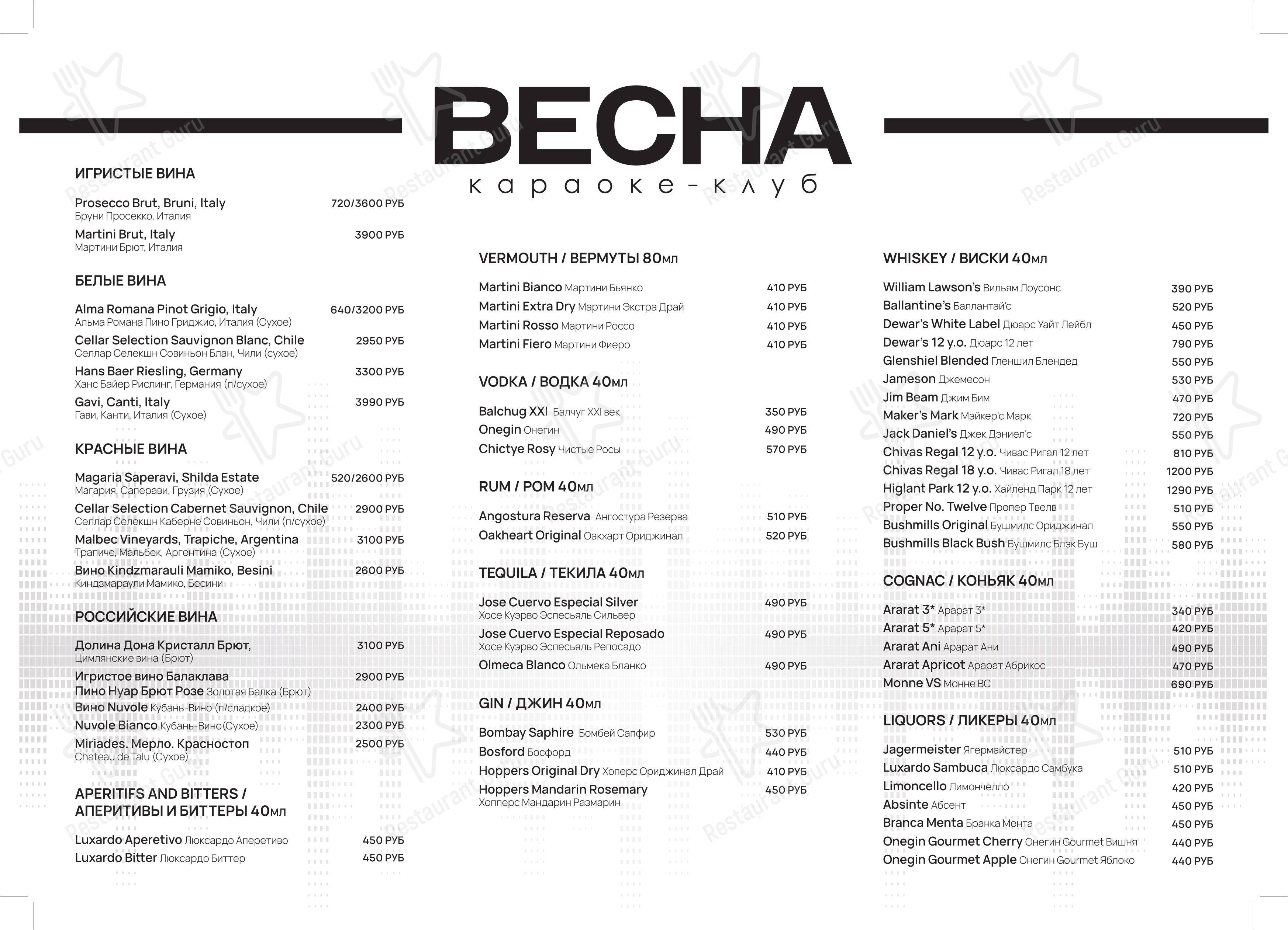 Основное меню ресторана Весна в Балашихе