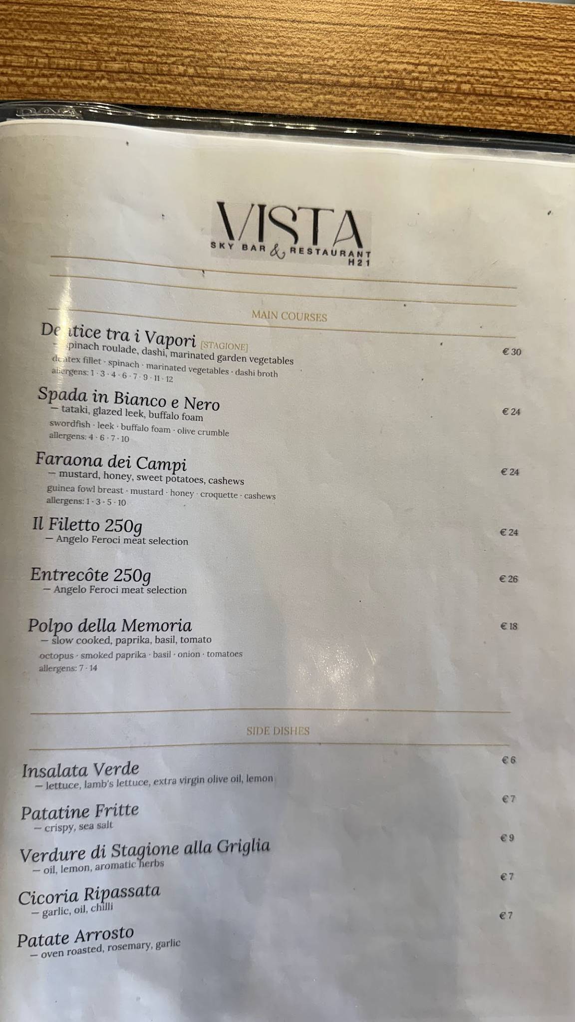 Vista Restaurant меню