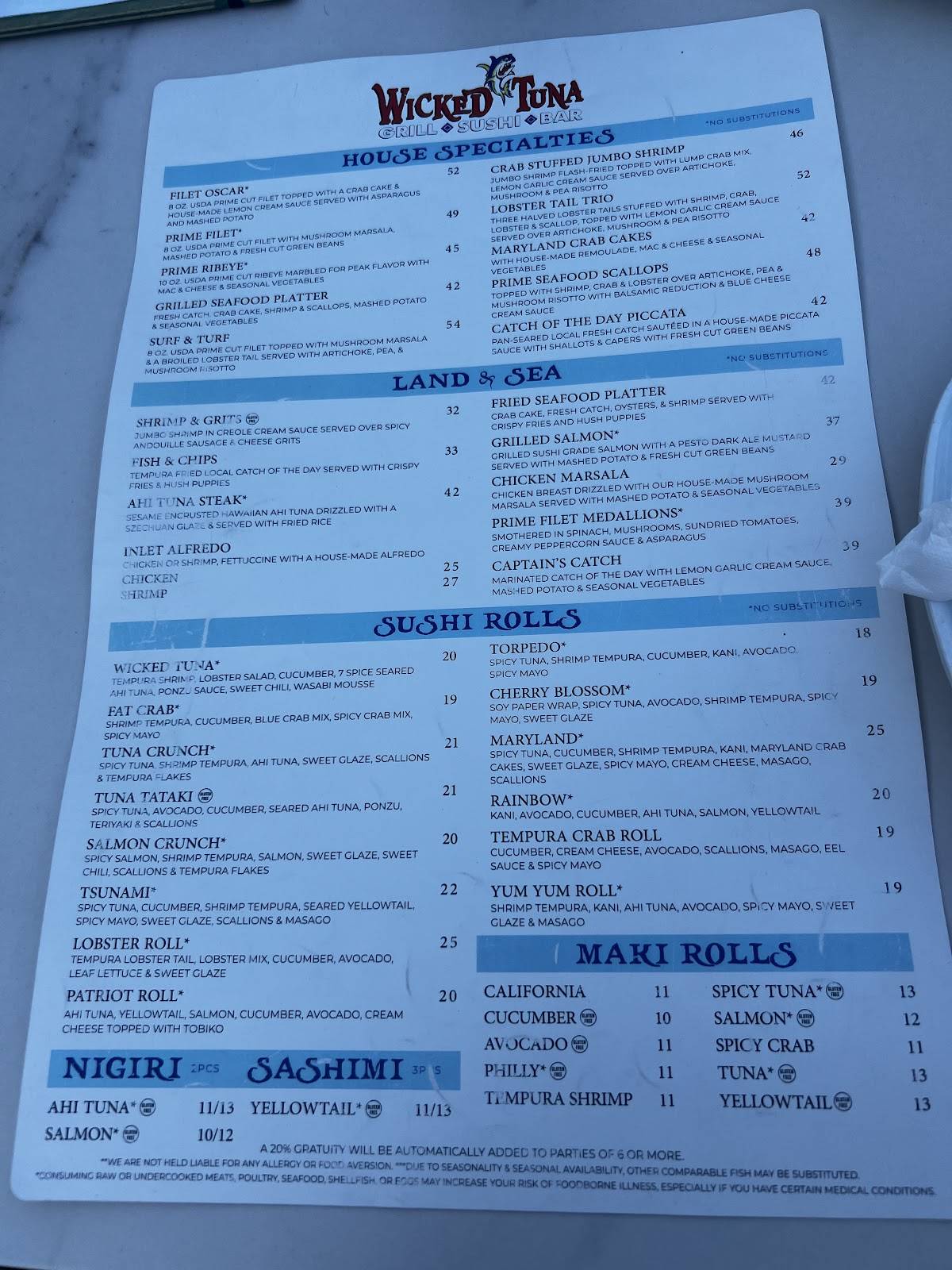 Wicked Tuna Grill, Sushi, Bar меню