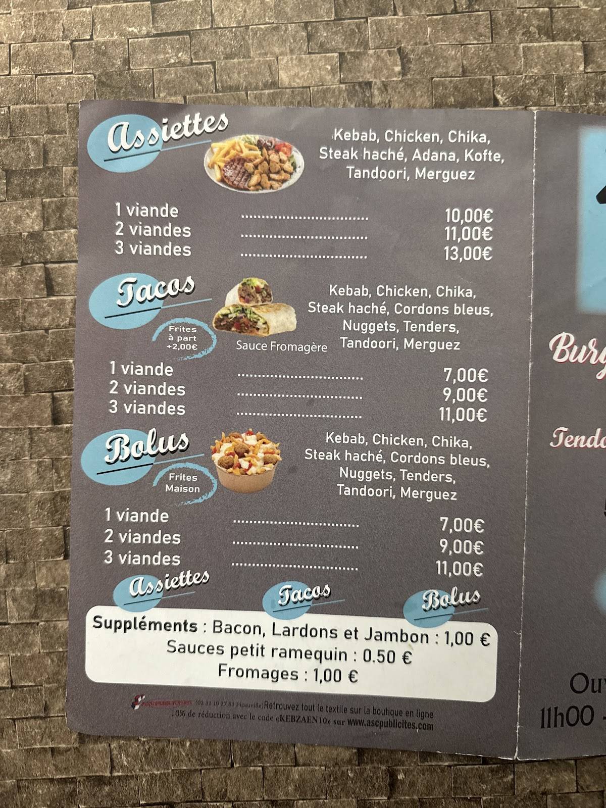 Zaen tacos et Kebab меню