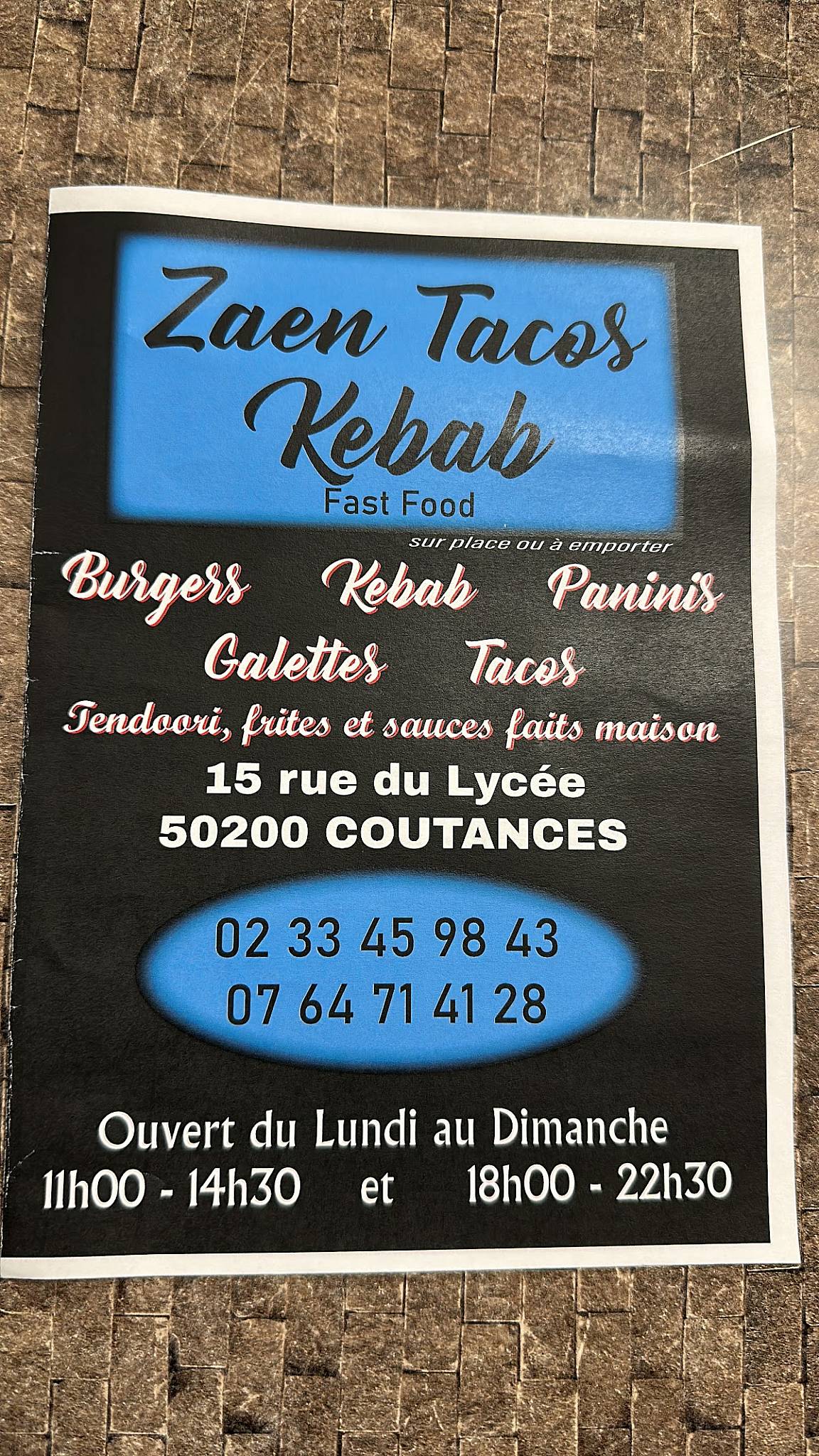 Zaen tacos et Kebab меню