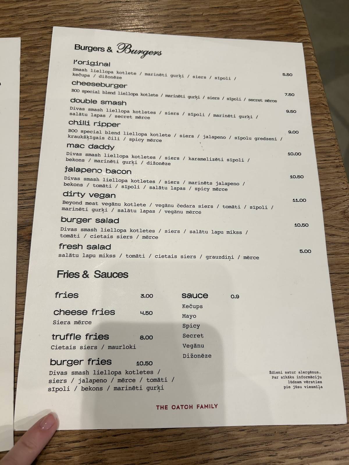 boo / the burger, ēstuve меню