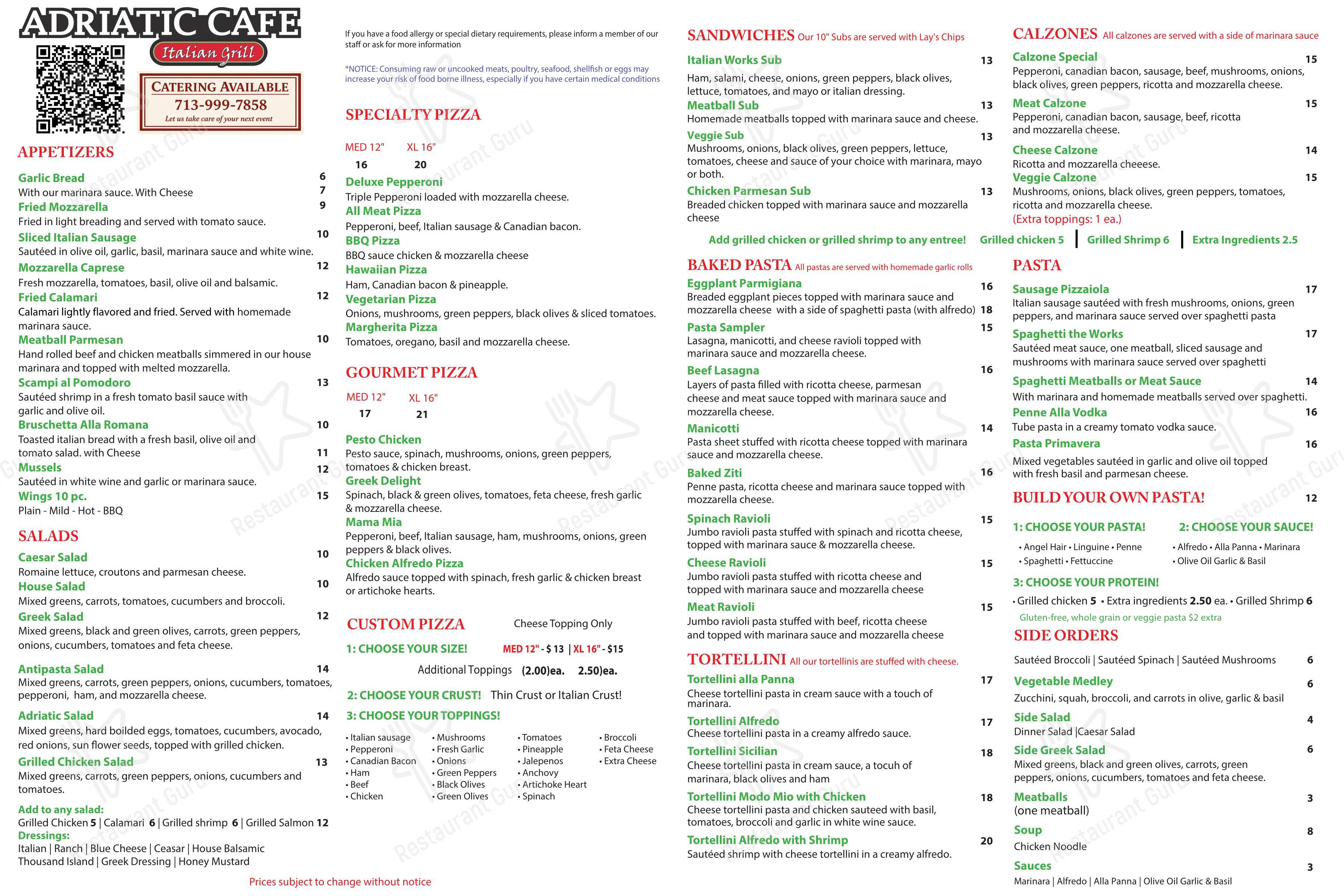 Breakfast Menu паба и бара Adriatic Cafe Italian Grill Spring TX