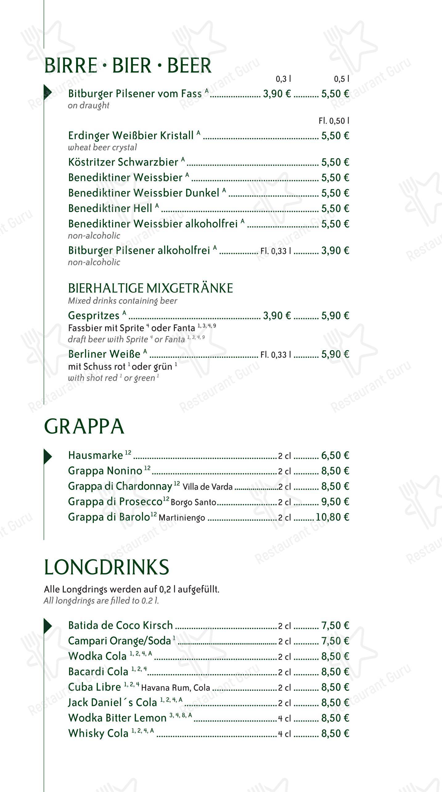 Меню напитков ресторана Cucinelli Ristorante в Берлине