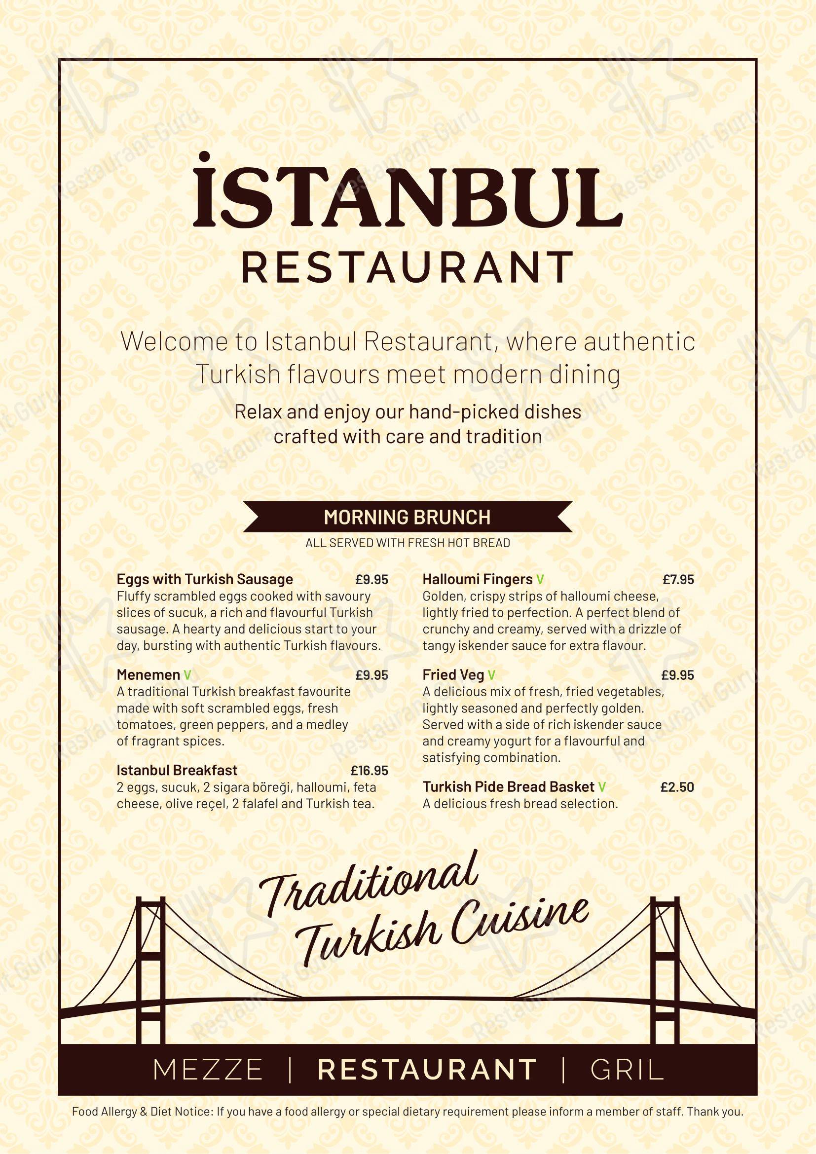 Меню ресторана Istanbul Restaurant в Эксетере