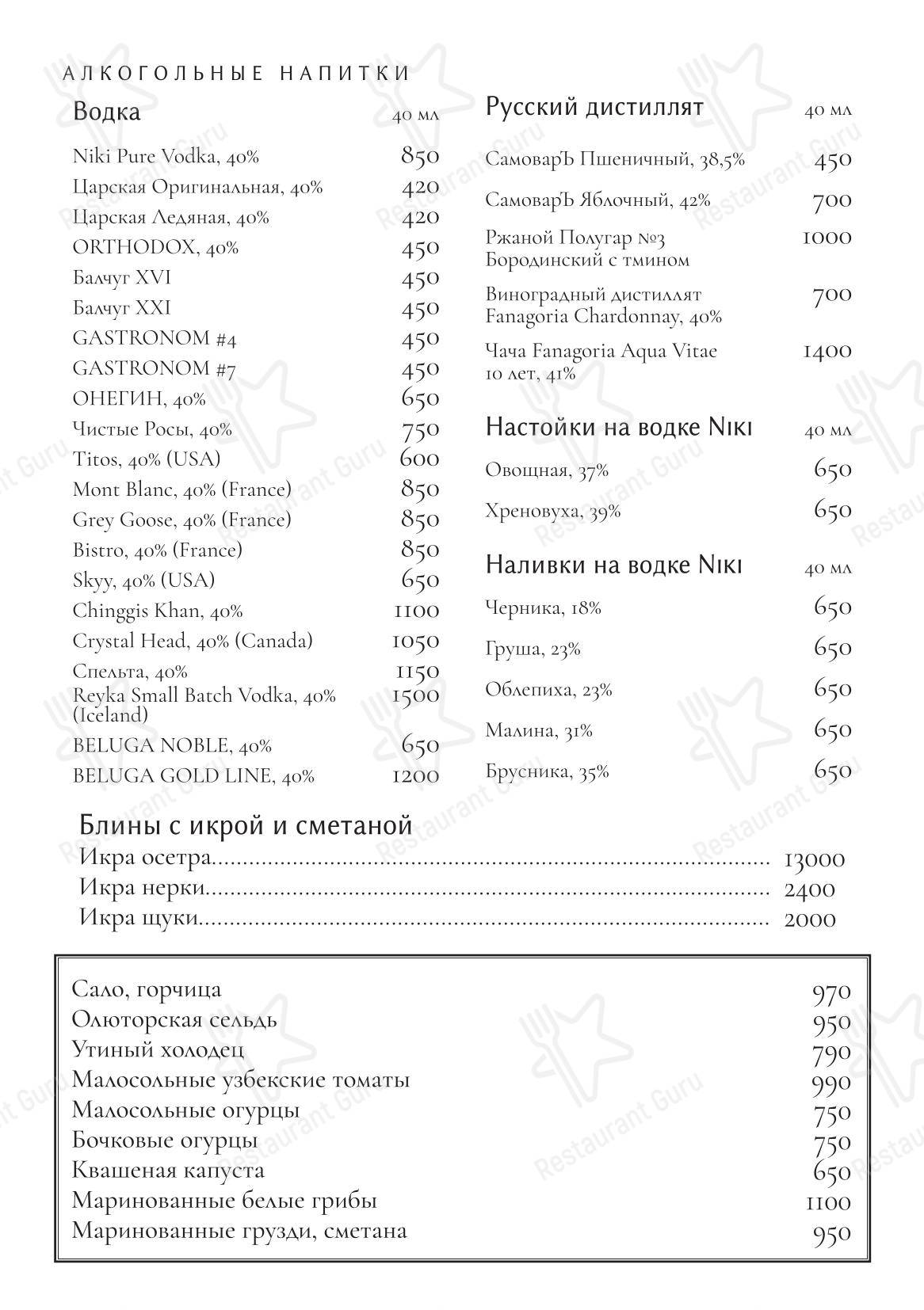 Меню ресторана Niki - Dinner Menu