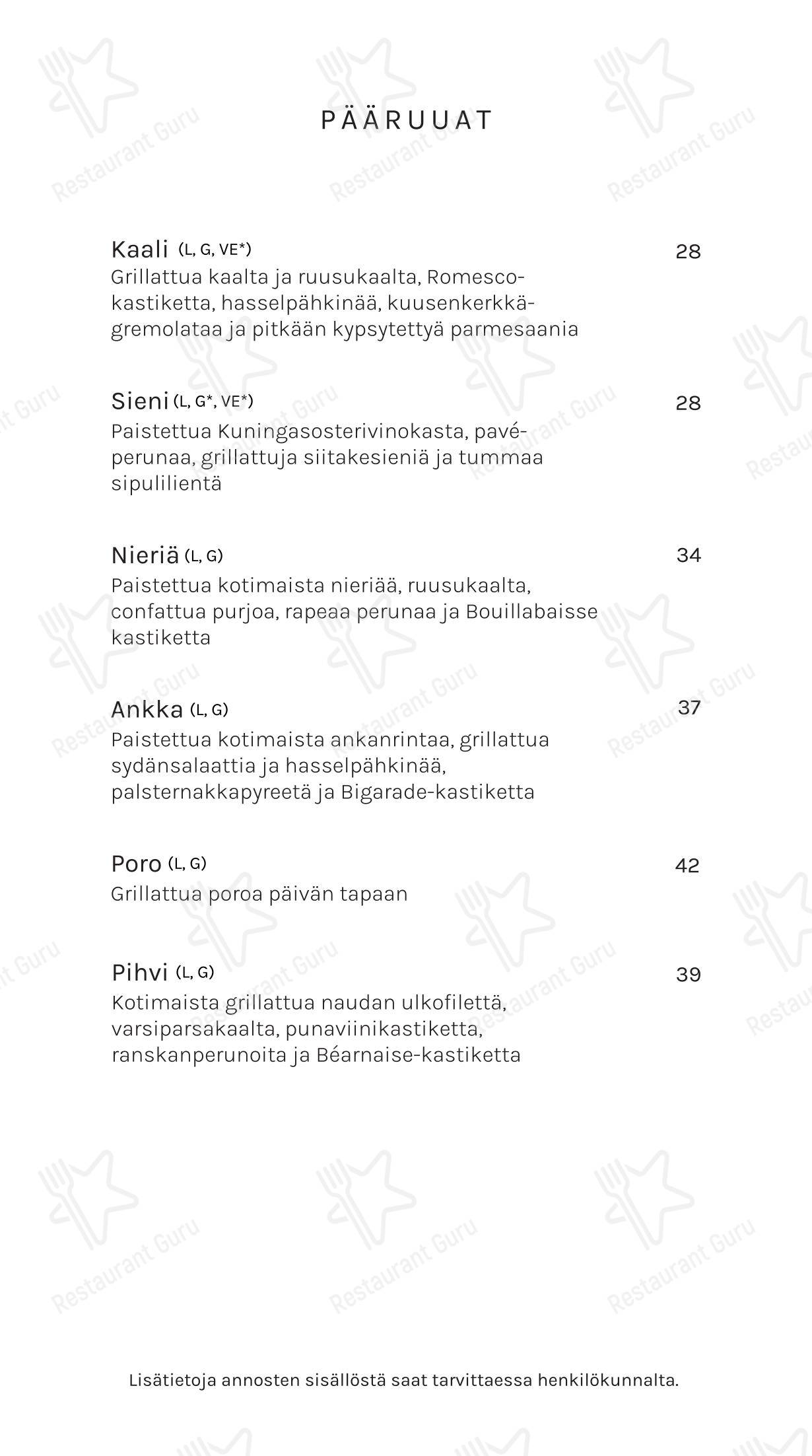 Restaurant Gallis в Рованиеми - Основное меню