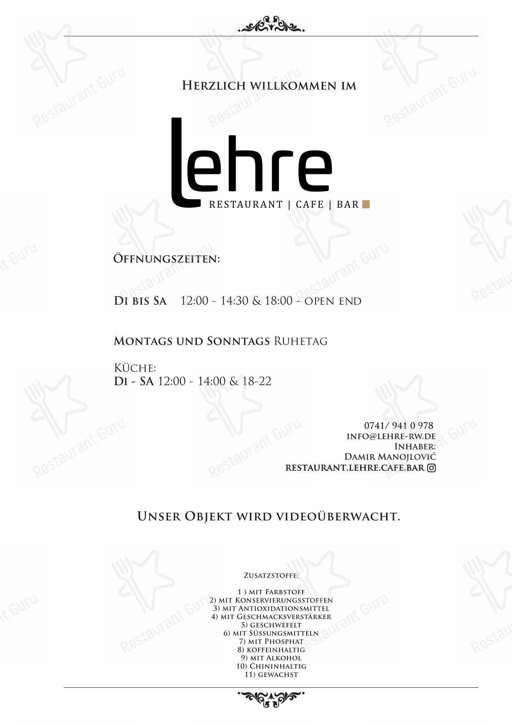 Restaurant Lehre Café Bar в Ротвайли - Меню