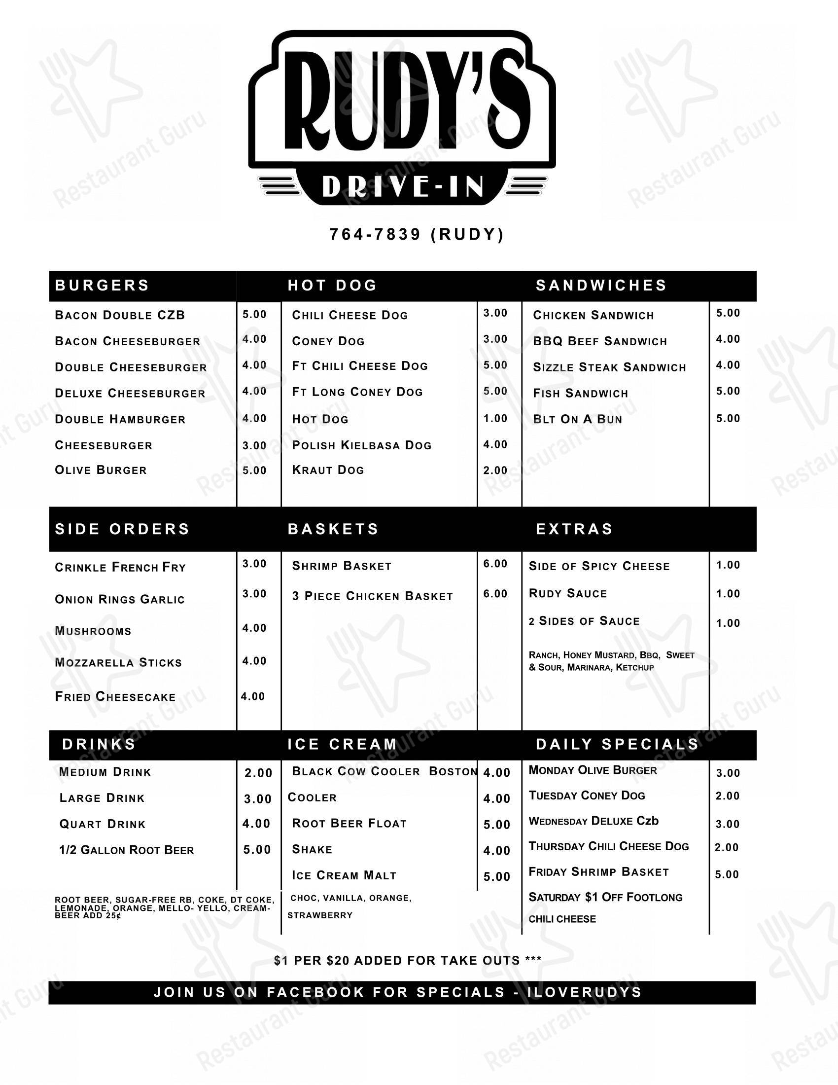 Меню ресторана Rudy's Drive In в Джексоне