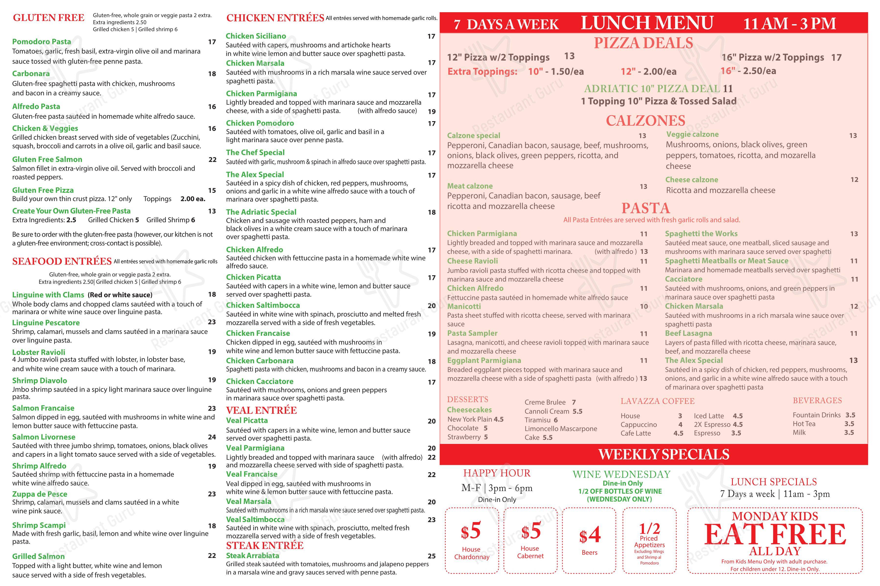 Меню паба и бара Adriatic Cafe Italian Grill Spring TX - Dinner Menu