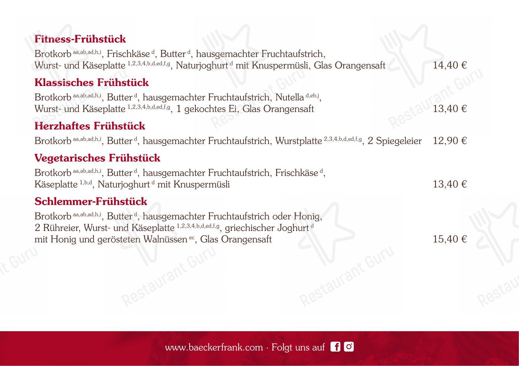 菜单 кафе Bäcker Frank Cafe am Marktplatz