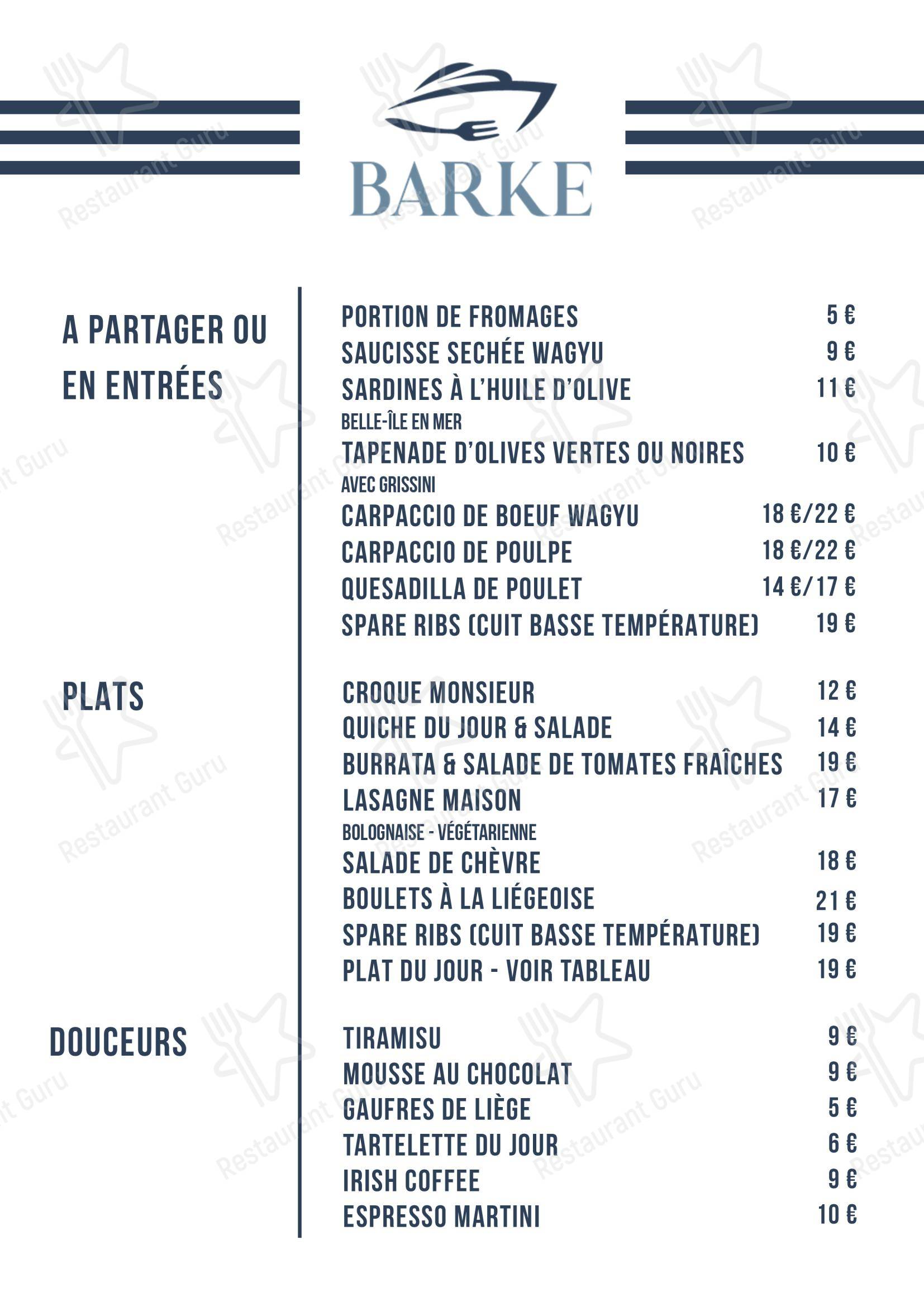 Меню ресторана Barke - Меню