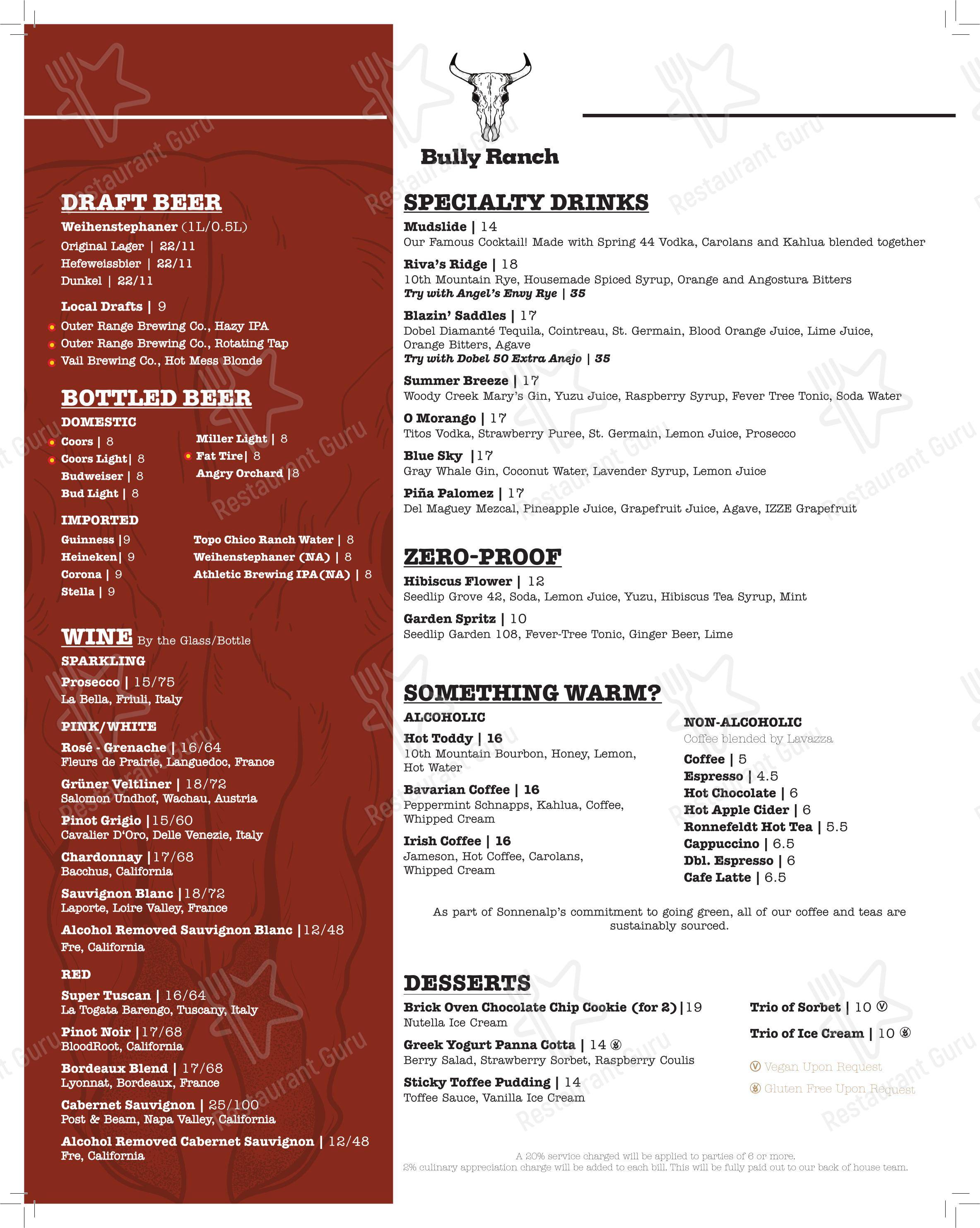 Меню ресторана Bully Ranch Restaurant - Основное меню