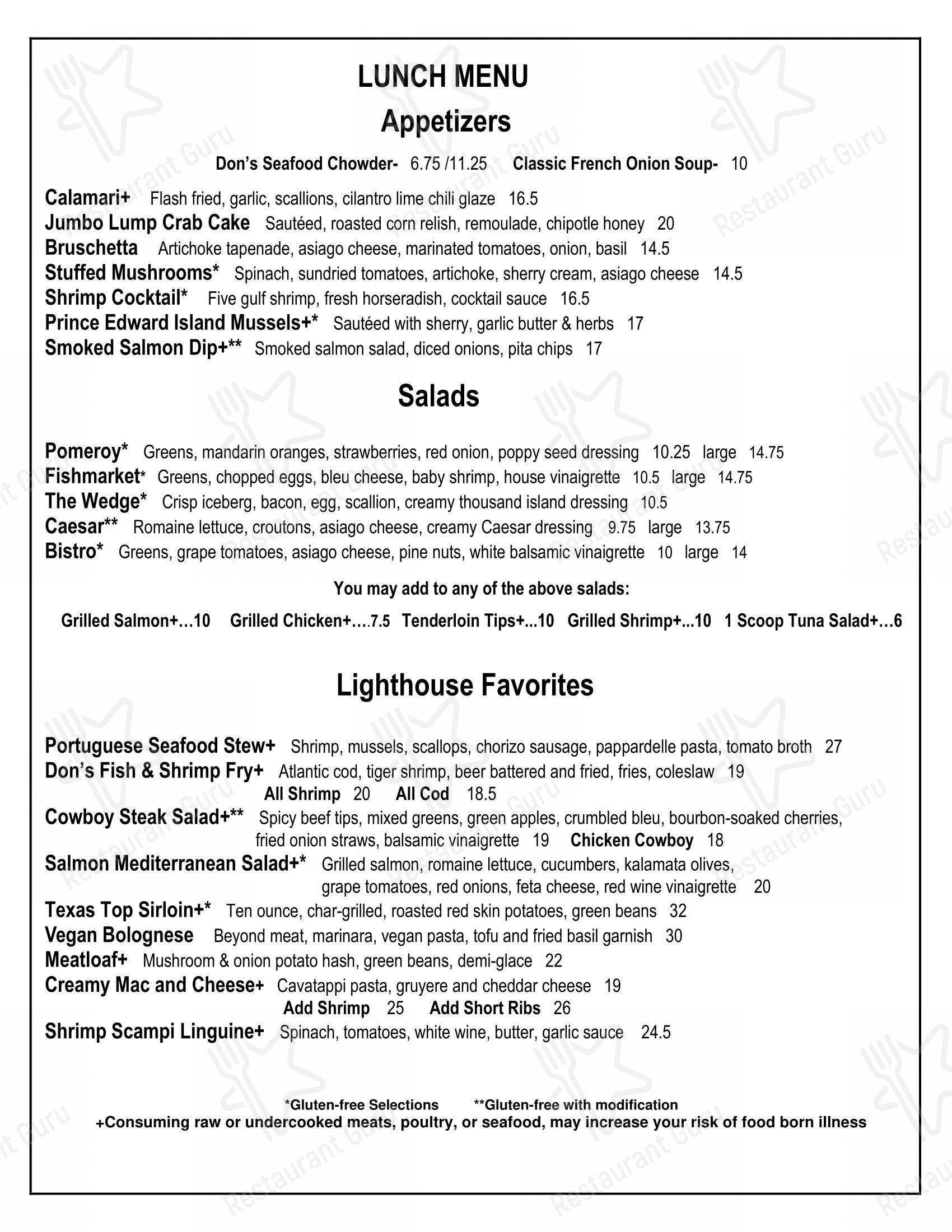 Меню стейк хауса Don's Lighthouse Grille - Ночное меню