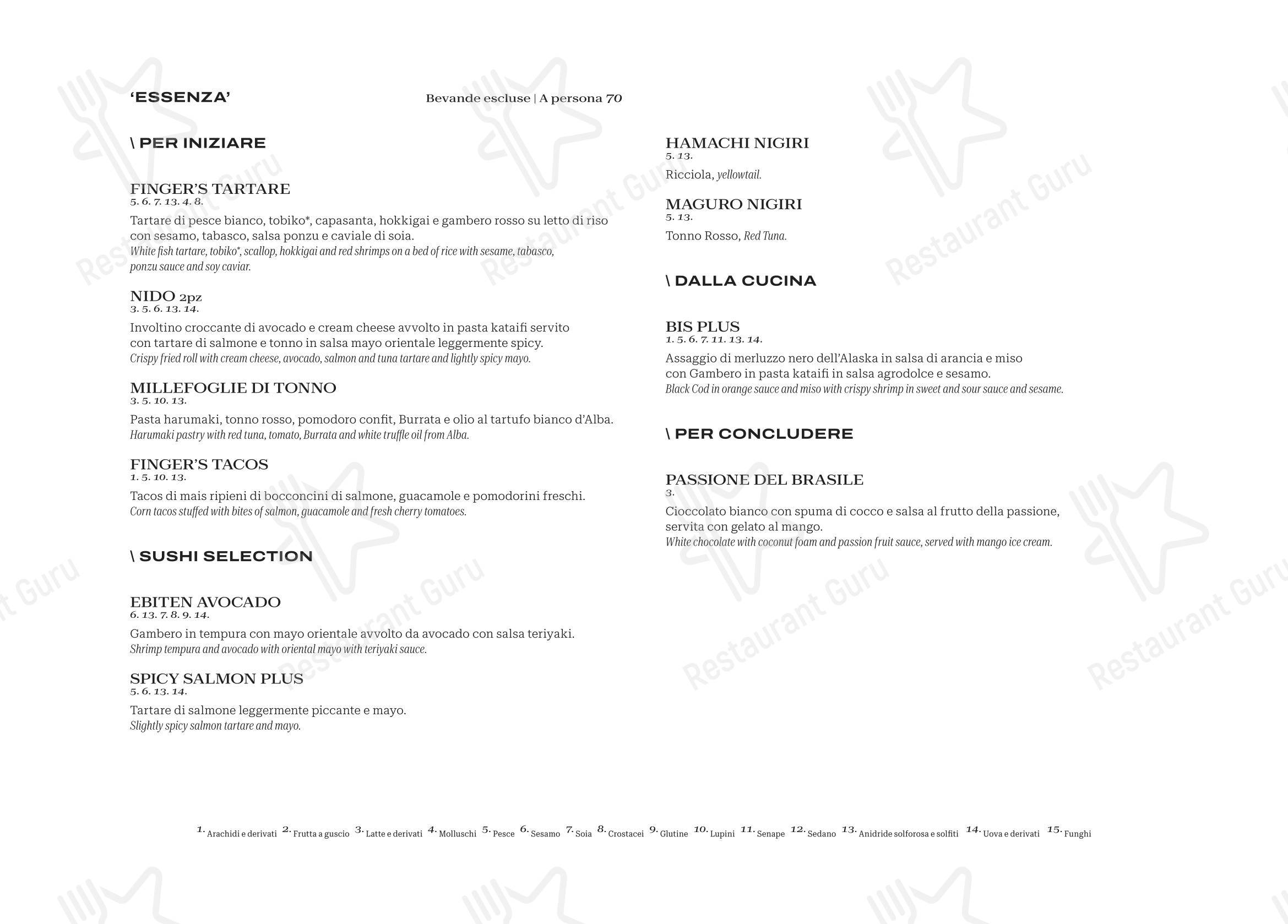 Меню напитков ресторана Finger's Restaurant Rome в Риме