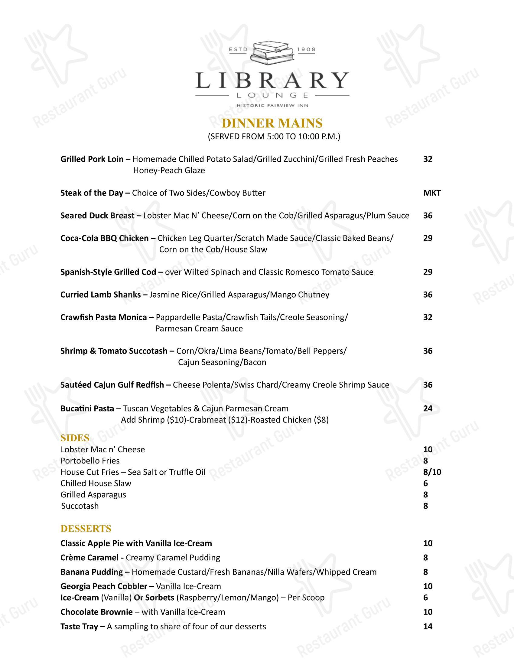 菜单 ресторана Library Lounge в Джексоне