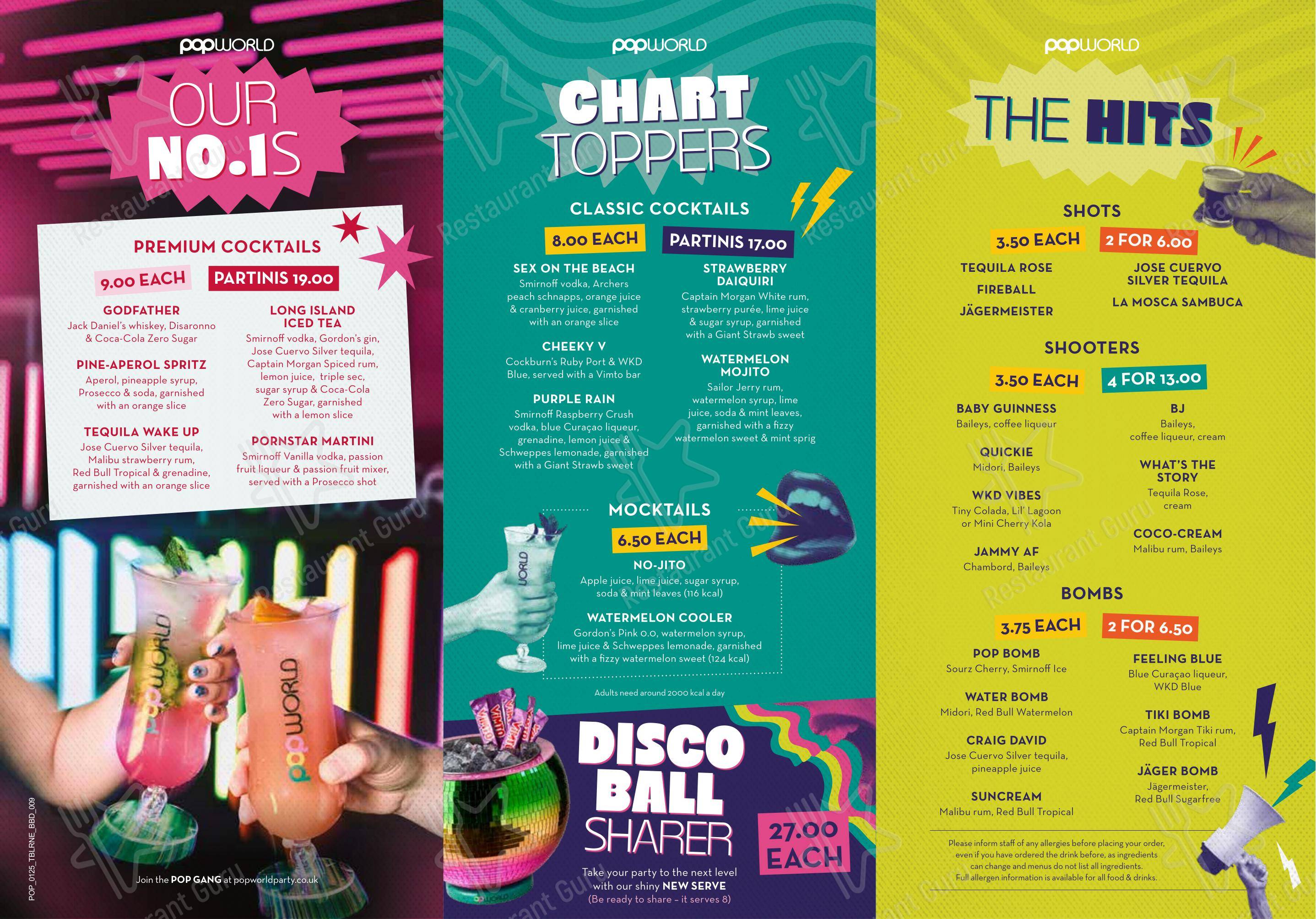 Меню паба и бара Popworld York - Меню