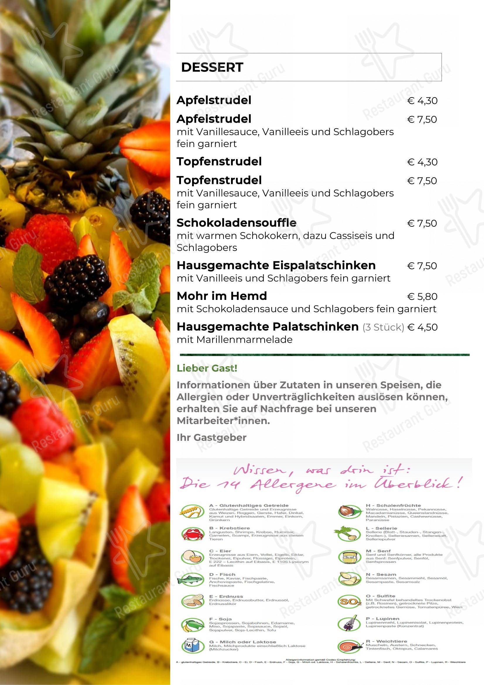 Меню паба и бара Predingerhof - Restaurant, Kegelbahnen, Catering - Меню