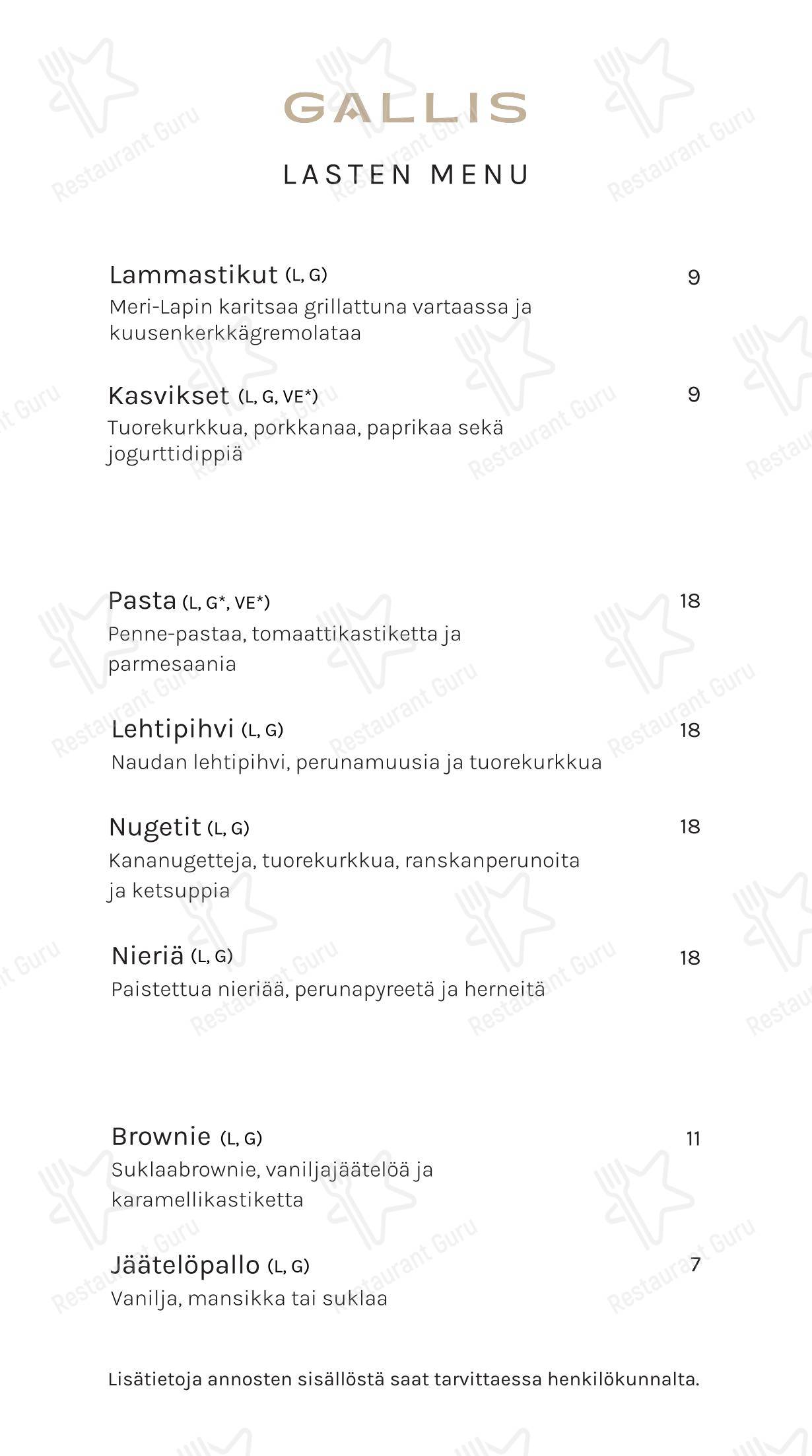 Restaurant Gallis в Рованиеми - Основное меню